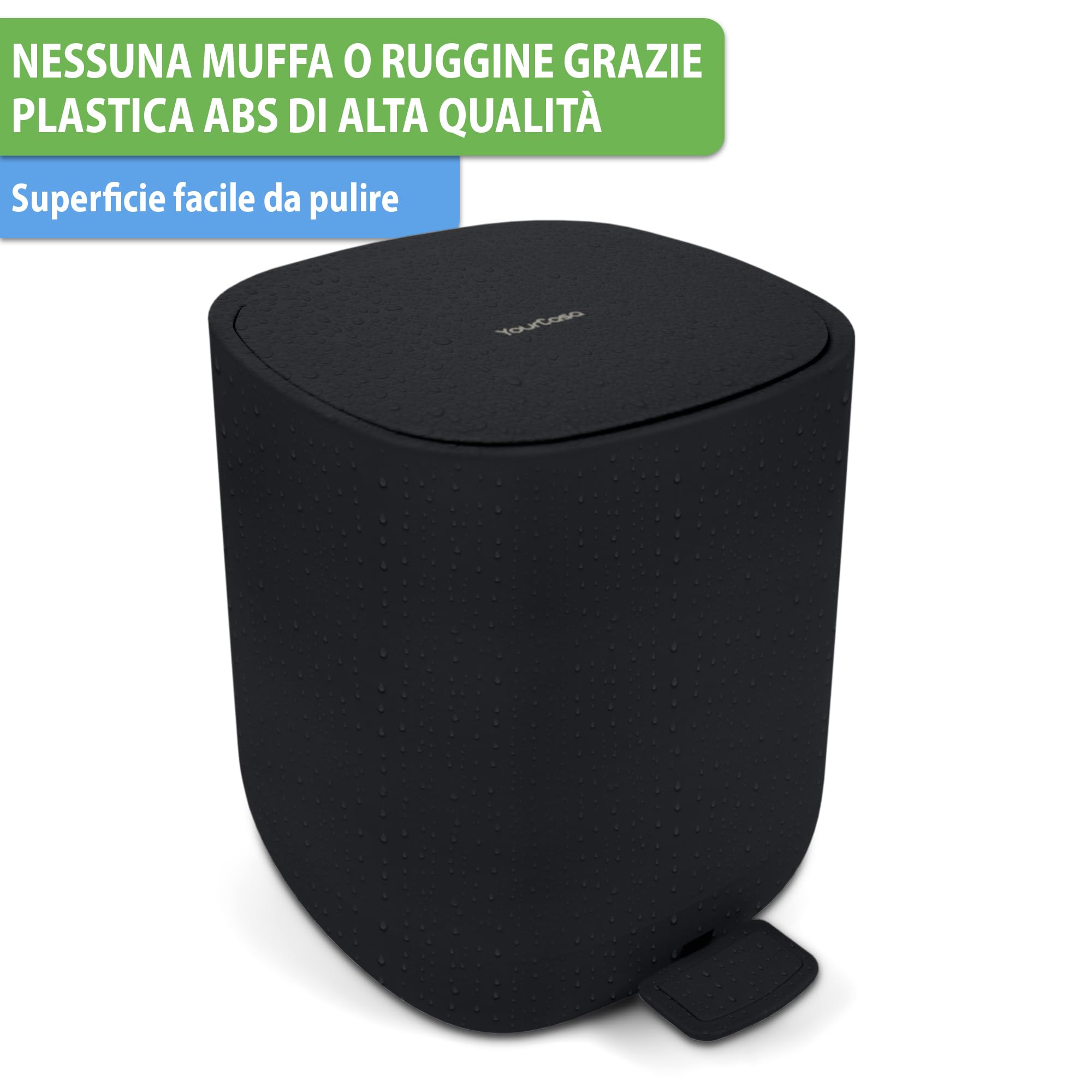 YourCasa Pattumiera da bagno 5 L con coperchio e chiusura morbida nero