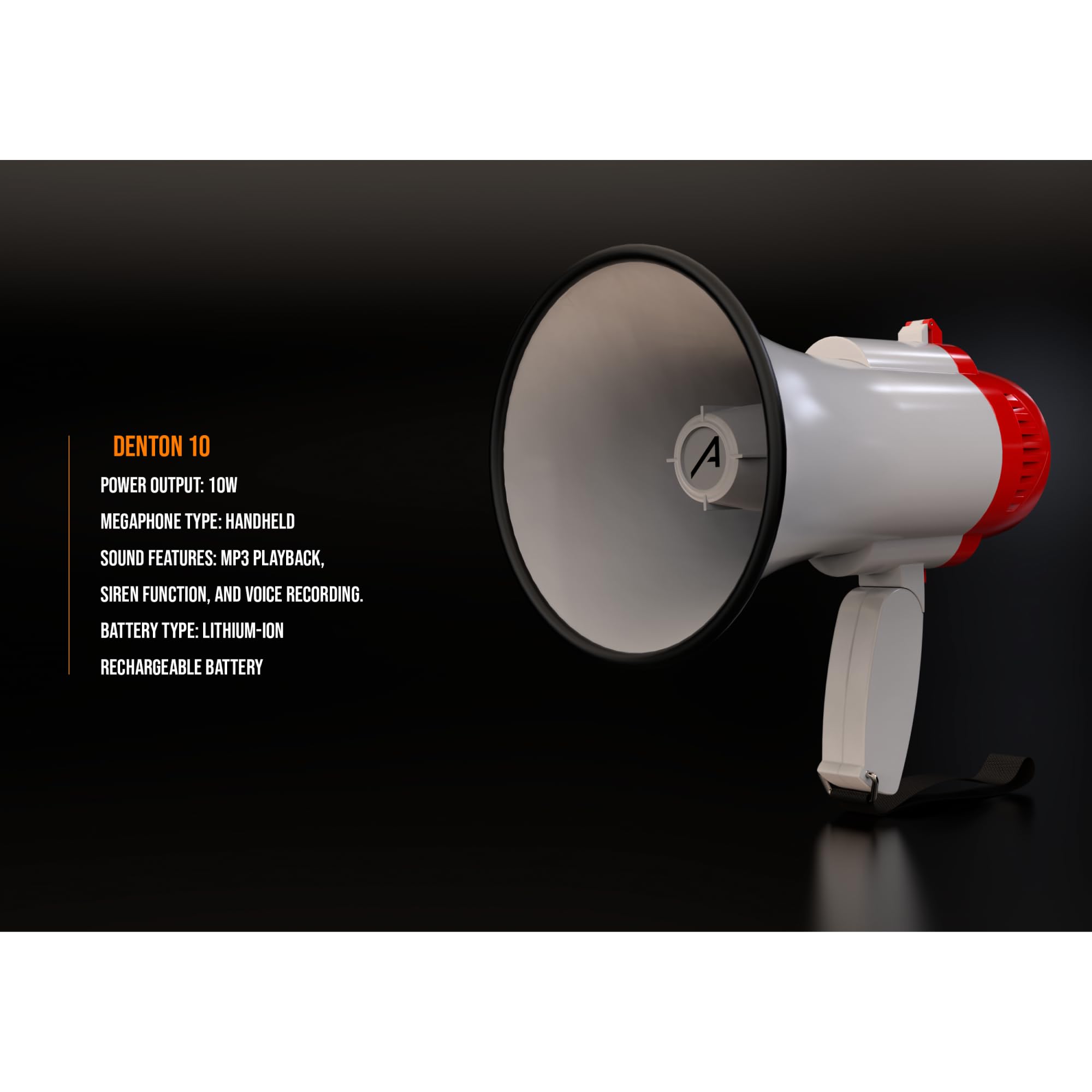 Audibax Denton 10 - Megafono ergonomico da 10 W - Riproduzione MP3 - Registrazione vocale - Batteria ricaricabile - Fuzione della Sirena