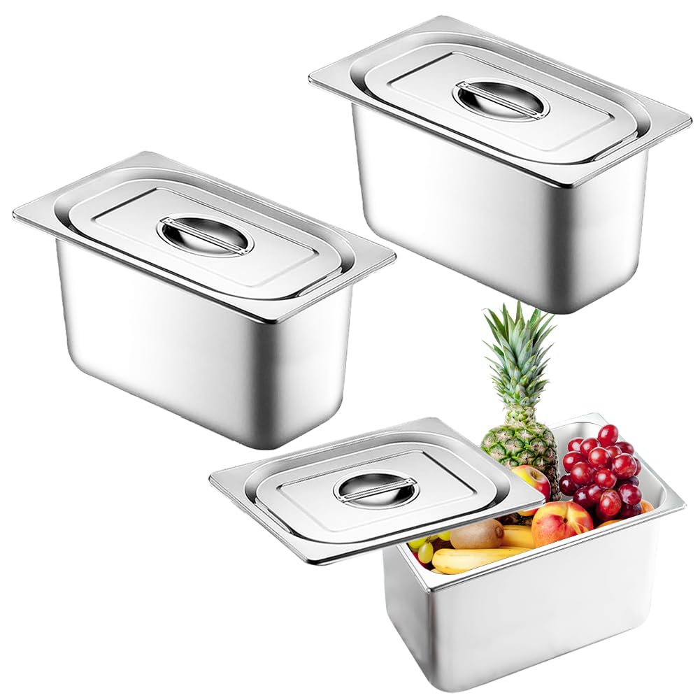 Gastro - Set di 3 vassoi rettangolari, contenitore GN in acciaio inox con coperchio, contenitore per alimenti (17,5 x 11 x 10 cm)