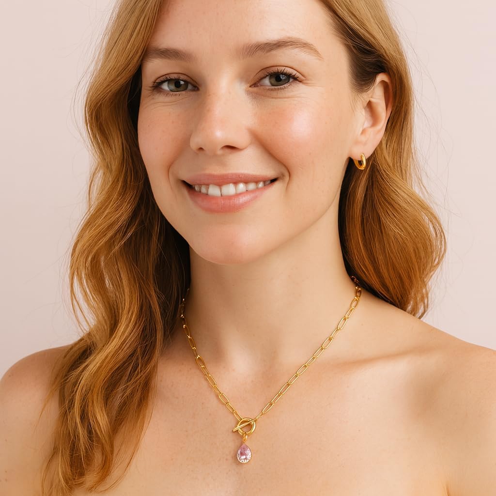 Paperclip Toggle Necklace 18K Gold Plating 8 * 10mm Teardrop Cut CZ Birthstone Pendant Paper Clip Chain Necklace Gemstone Crystal Jewelry Gift for Women - Image 3