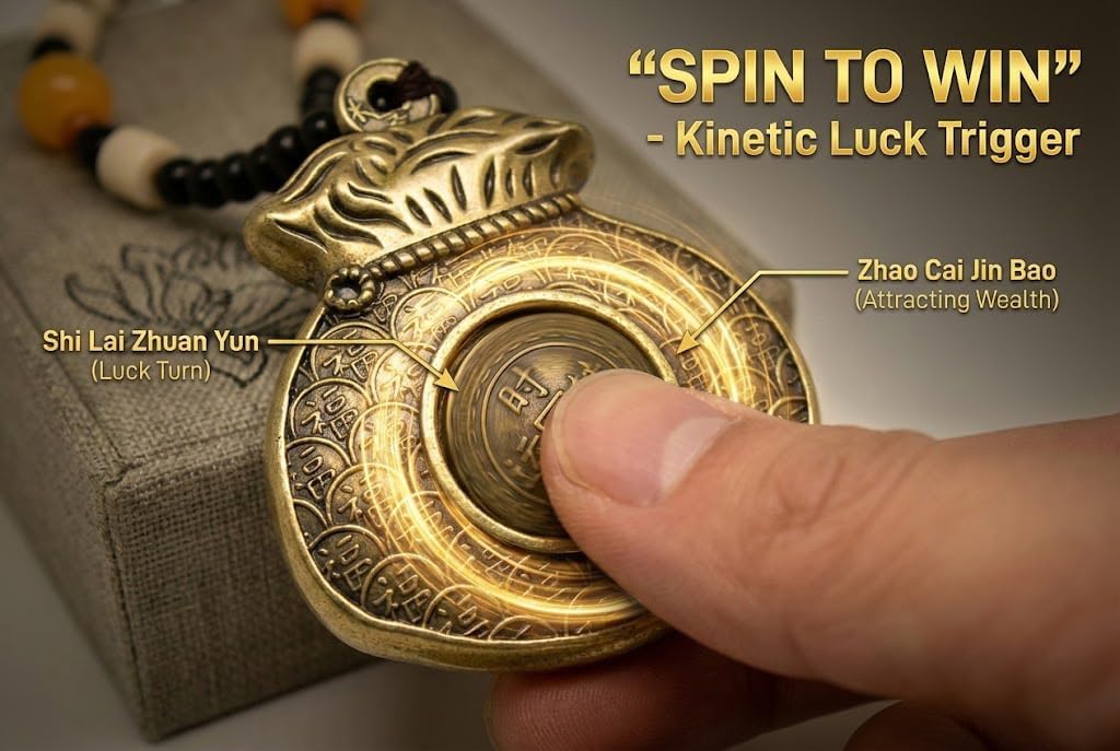 Rotating Fortune Bag Feng Shui Desk Decor - 360° Kinetic Prosperity Spinner for Success & Wealth - Solid Brass Zen Amulet for Office, Home Meditation & Stress Relief - Double-Sided Blessing
