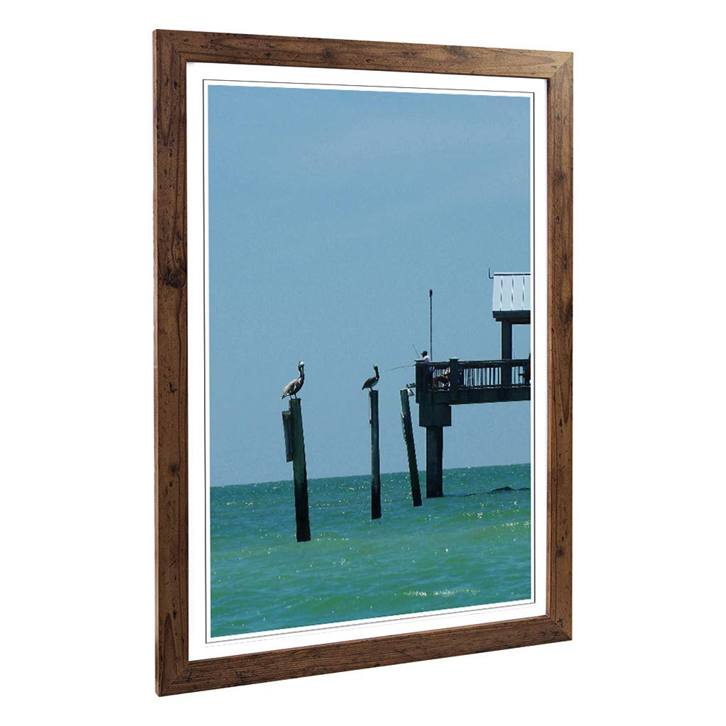 Big Box Art Framed Print of Fishing Pier with Pelicans Seascape Design | Wall Art Picture | Home Decor for Kitchen, Living Room, Bedroom, Hallway, Walnut, A2 / 24.5x18 Inch / 62x45cm