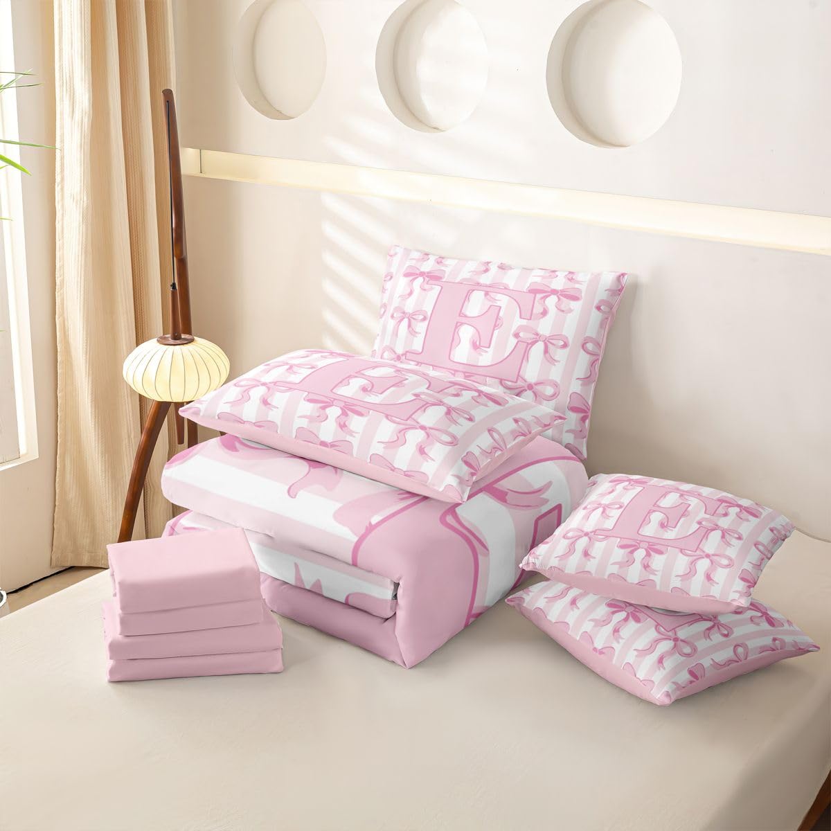 Loussiesd Juego de ropa de cama de 7 piezas para niños y niñas, con funda de edredón, sábanas, fundas de almohada, fundas de cojín, color rosa y blanco
