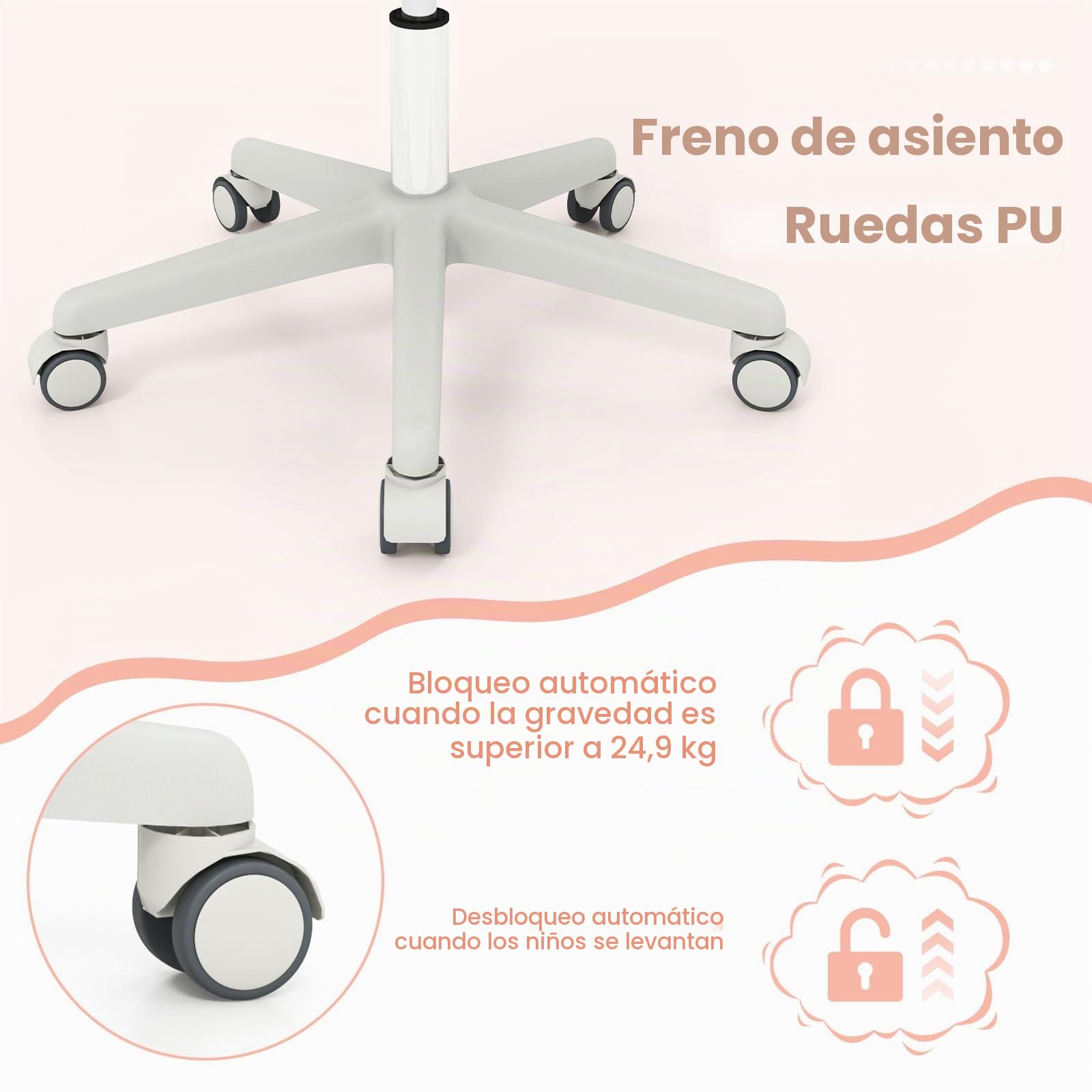 FANTASK Silla de Escritorio ergonómica para niños, Altura Regulable 43-55 cm, Silla giratoria de 360 ° con Respaldo y reposabrazos, Silla de Oficina con 5 Ruedas bloqueables, para niños a Partir de 6
