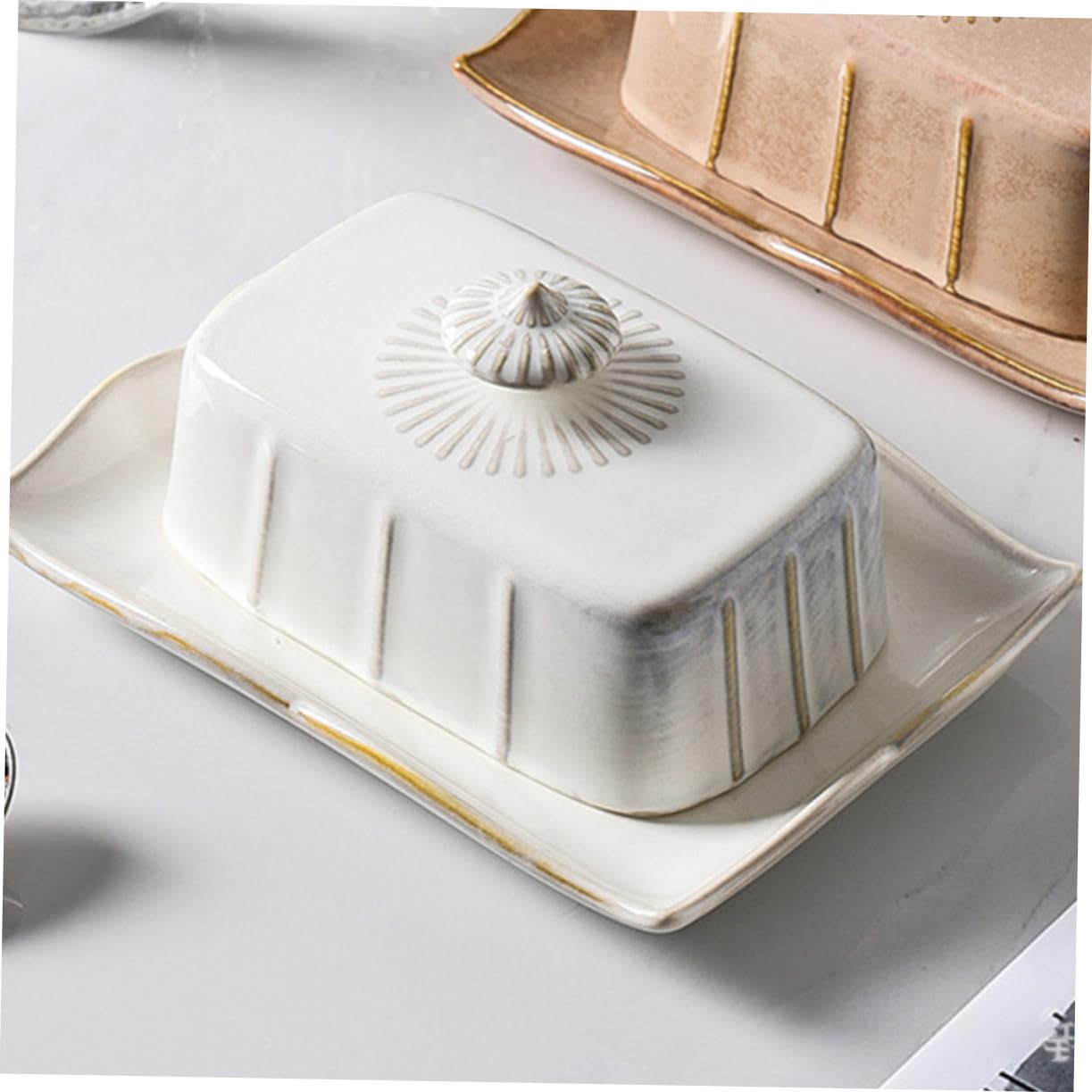 Beurrier en Céramique Blanc Couvercle, 1 Set pour Rangement