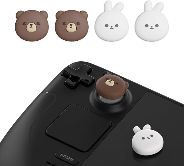 playvital Copri Analogici per Steam Deck LCD/OLED,Thumb Grip Caps Gommini per PS Portal Remote Player, 2 Paia Cover Levette Analogiche in Silicone, Orso Paffuto&Coniglietto Sorridente - 2