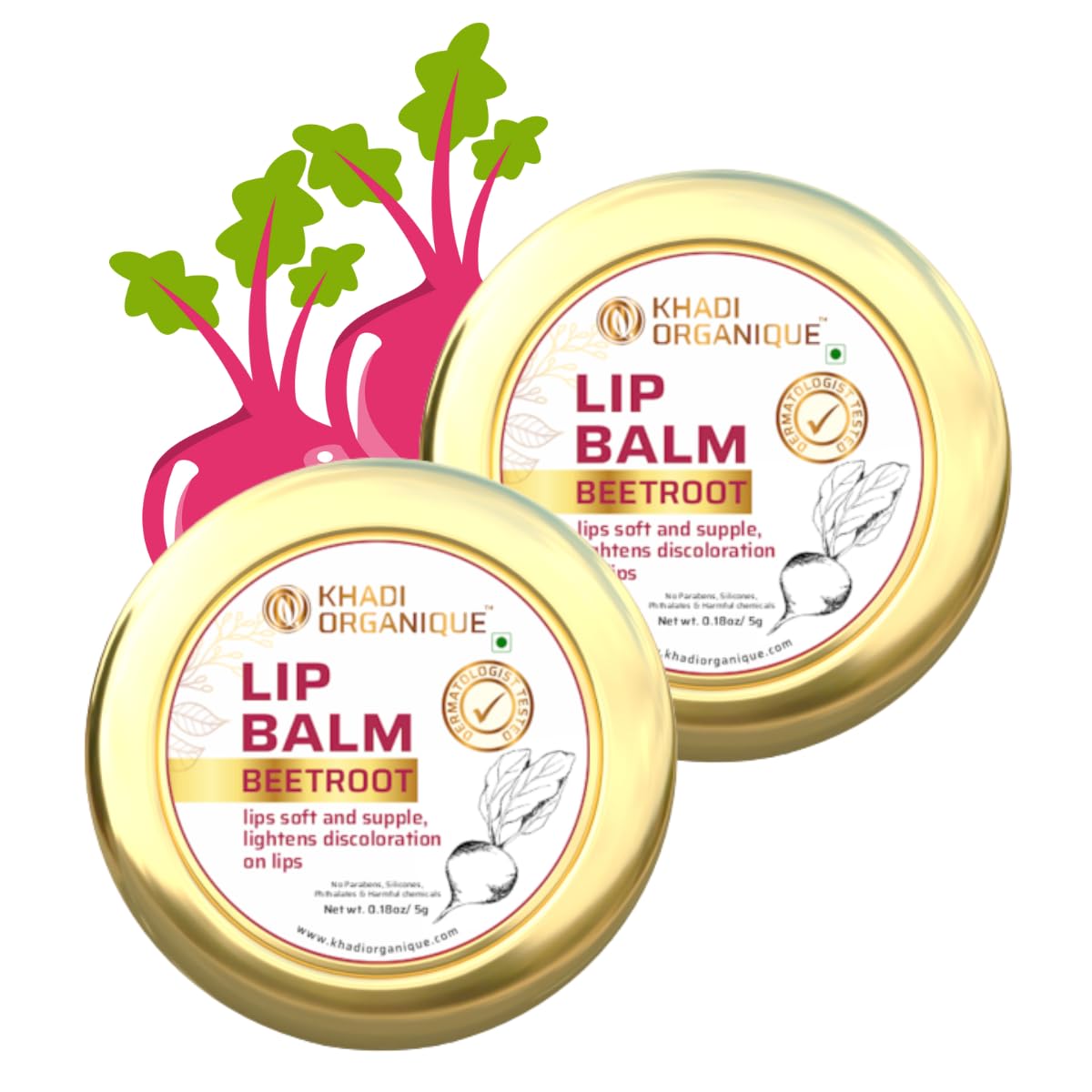 Khadi Organique Herbal Beetroot Lip Balm for Dry,Damaged and Chapped Lips|Hydrating & Nourishing Formula with Kokum Butter,Shea Butter & Natural Essential Oils|Pink Glossy Soft Lips-5 gm Pack of 2