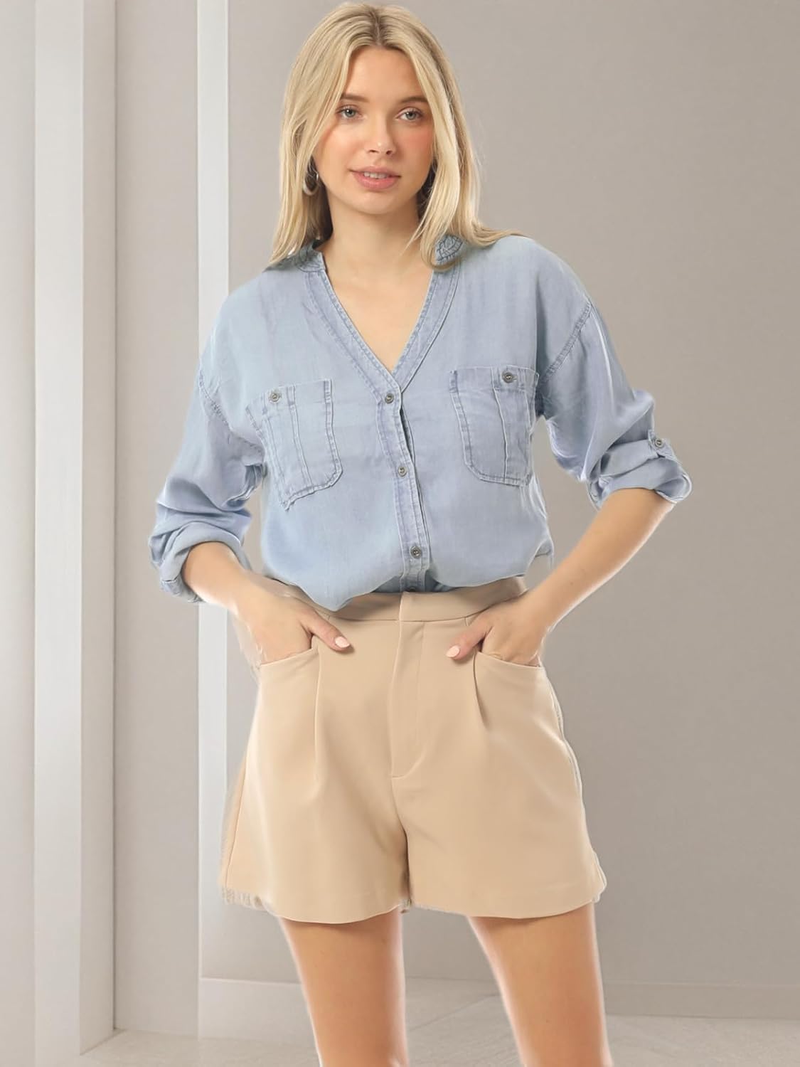 MixMatchy Women's Casual Basic Roll Up Sleeve Denim Chambray V-Neck Tencel Button Down Shirt - Image 8