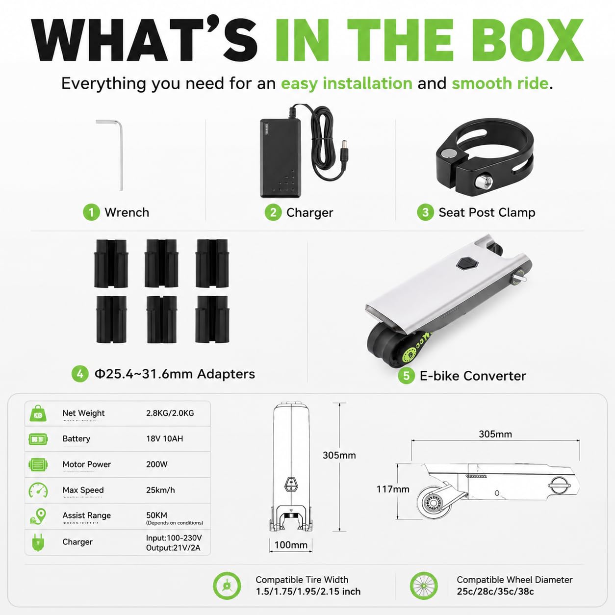 Kit Conversione Bici Elettrica con Controllo Via App,Kit di Conversione E-Bike con 4 modalità di Assistenza, Installazione Rapida, Nessuna Sostituzione di Componenti, Autonomia di 50 Km Green
