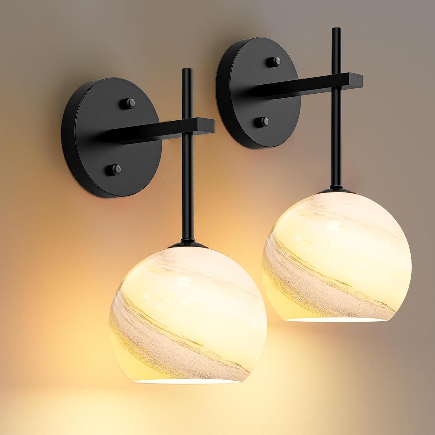 MOITA Wall Sconces Set of Two, Wireless Battery Operated Wall Decor with Remote, Sconces Wall Lighting with Glass Shade, Upward and Downward Installation, 12 RGB Colors and 3 CCT Options Shade (Planetary Ring)-Base (Black) 2-Pack