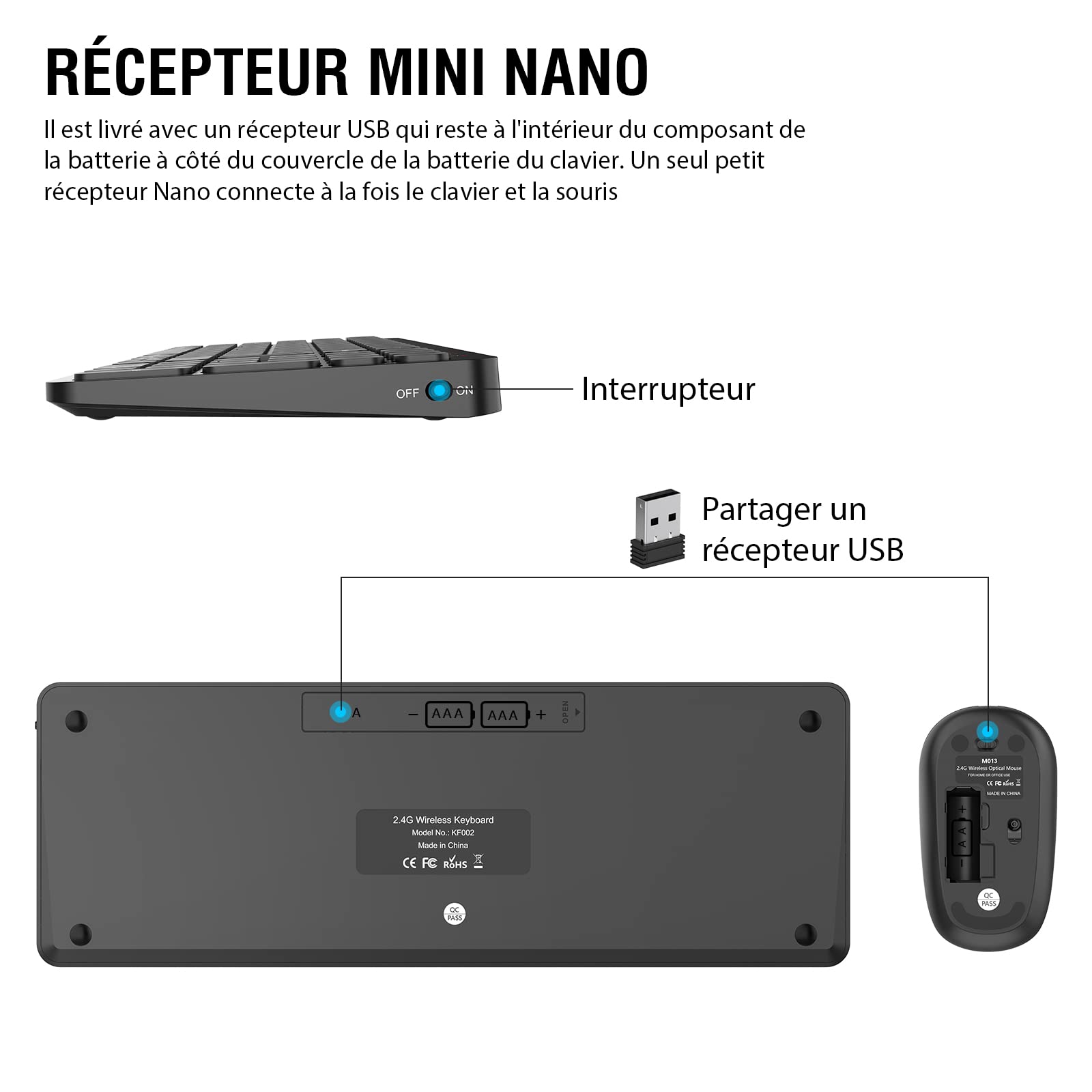 Ensemble Clavier et Souris sans Fil, PINKCAT Claiver AZERTY Français, Pack Clavier et Souris, Set Silencieux avec Récepteur Nano USB 2.4GHz, Compatible avec Windows/MacOS, Windows PC Laptop - Noir