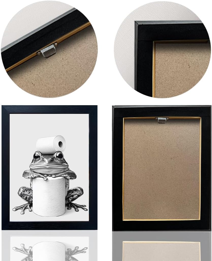 3Pcs Frog Kids Bathroom Wall Decor Black Framed Funny Bathroom Picture Wall Decor Frog In Bathtub Black and White Canvas Art Animal With Toilet Paper Kids Room Decoration