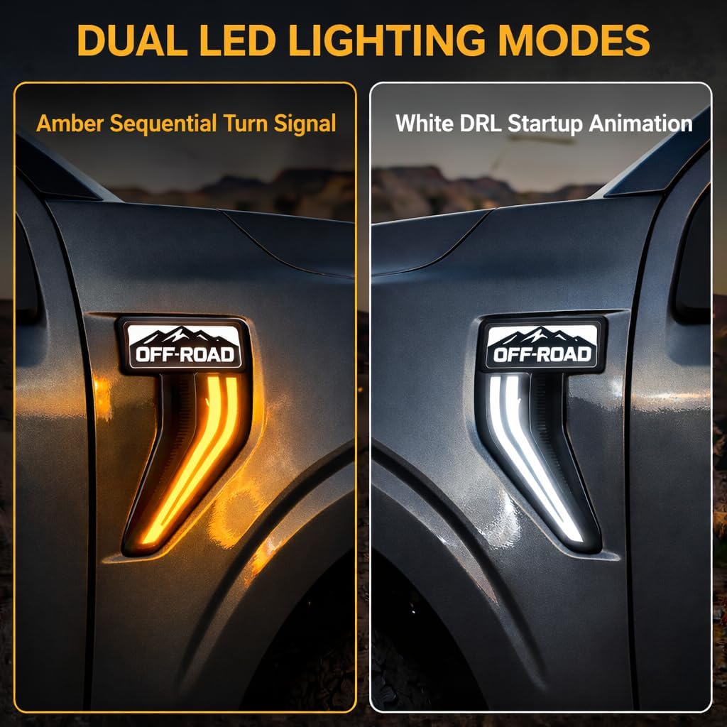 LED Fender Vent Lights for Ford F-150 2021-2025, Sequential Turn Signal & White DRL with Startup Animation, Smoked OFFROAD Mountain Style Side Vent Light, F150 Exterior Accessories (Pair)