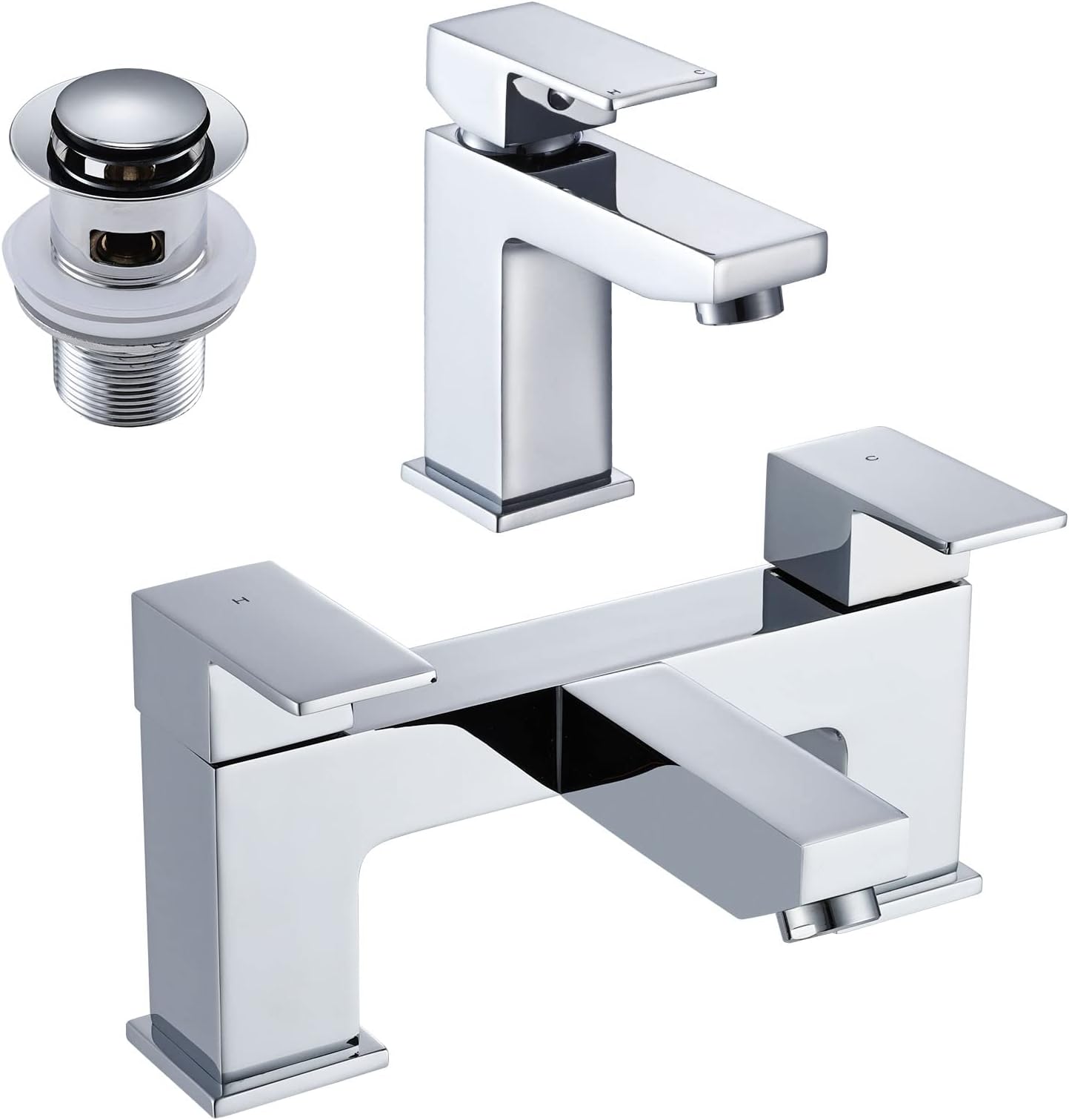 Bath Tap and Basin Taps with Basin Waste Set, Hapilife Modern Monobloc Bathroom Sink Mixer Taps and Dual Lever Bath Tub Filler Tap with Pop Up Waste, Chrome Bathtub Faucet