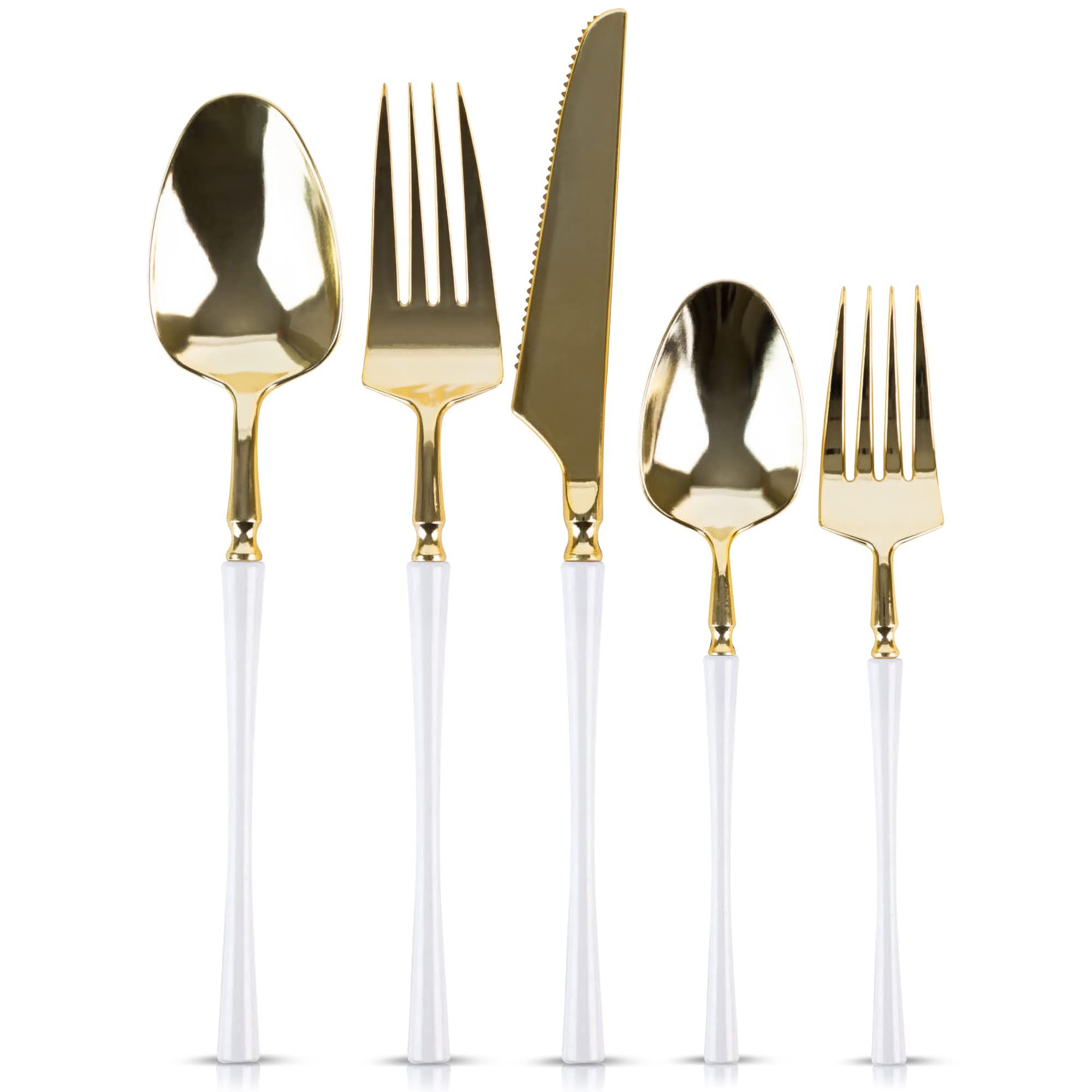 Party Bargains Disposable Plastic White Gold Cutlery Set, Infinity Modern Design Utensils, 40 Pack: 16 Forks, 8 Knives, 16 Spoons