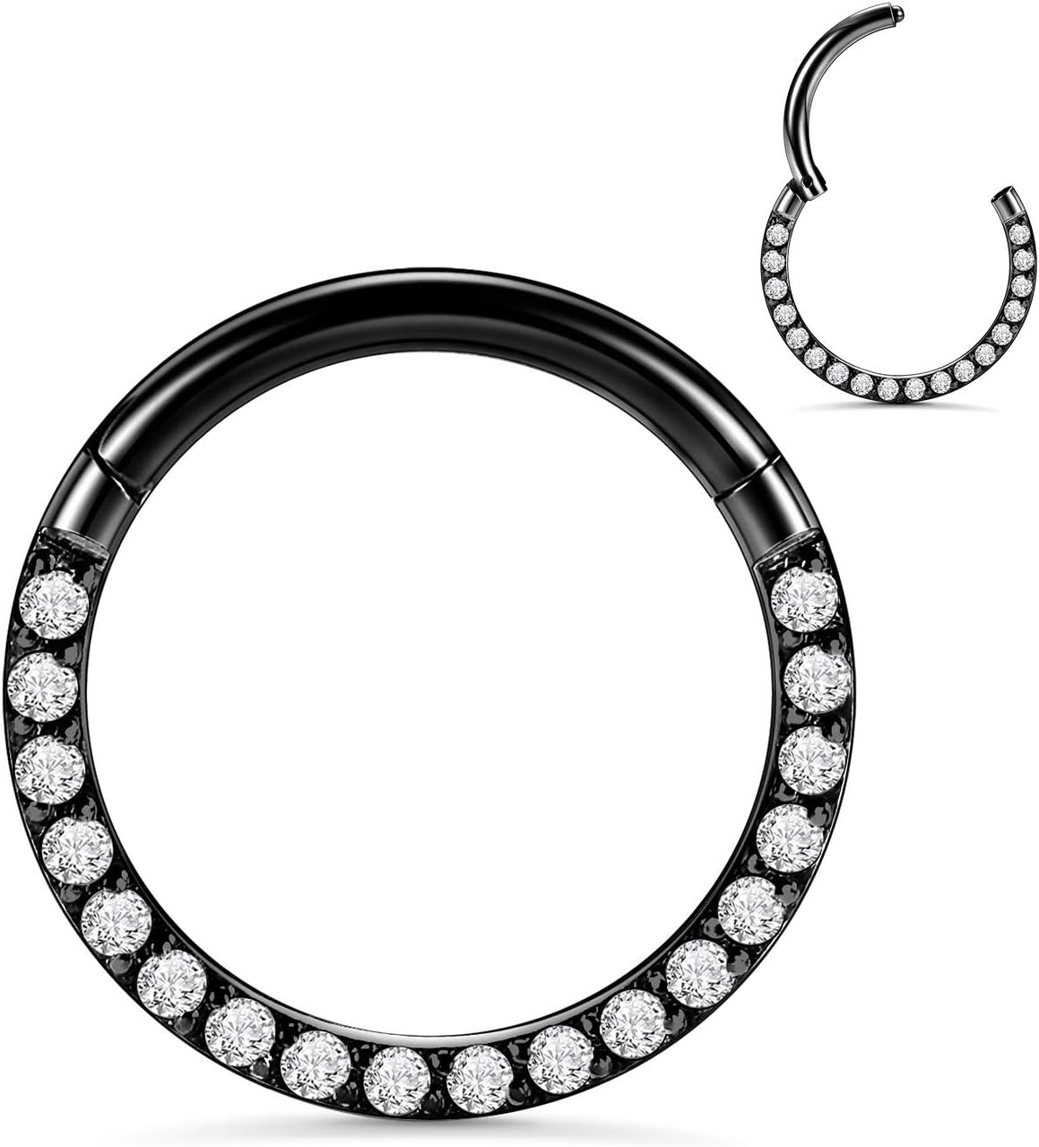 FUNLMO 16G Septum Ring & Earrings - 8mm Daith, Helix, Conch Piercing Jewelry - Surgical Steel CZ Paved Black