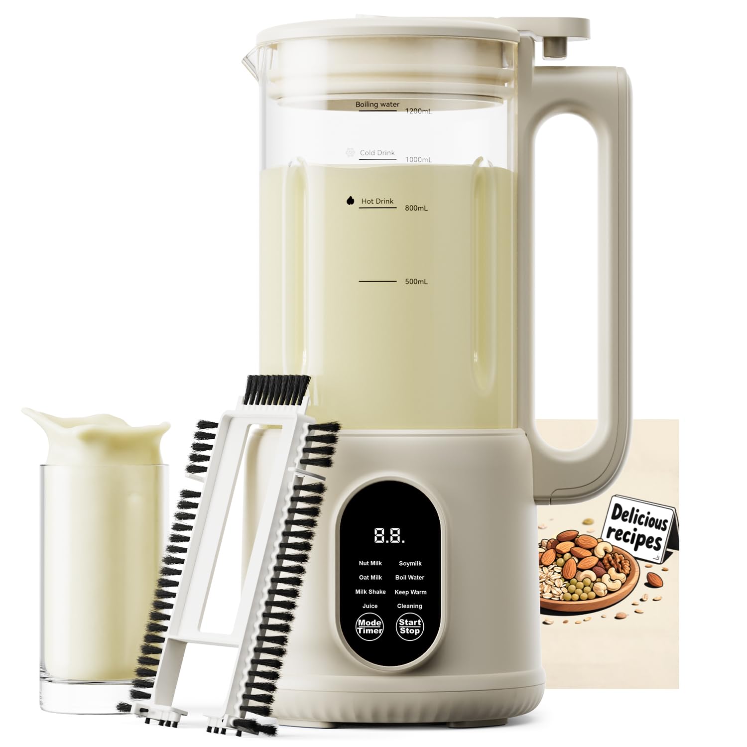 8-in-1 Automatic Nut Milk Maker Machine, 34oz Heated Plant-Based Milk Machine with Auto-Clean, 10-Blade System for Creamy Almond, Oat, Soy &amp; Dairy-Free Milk, 12H Timer