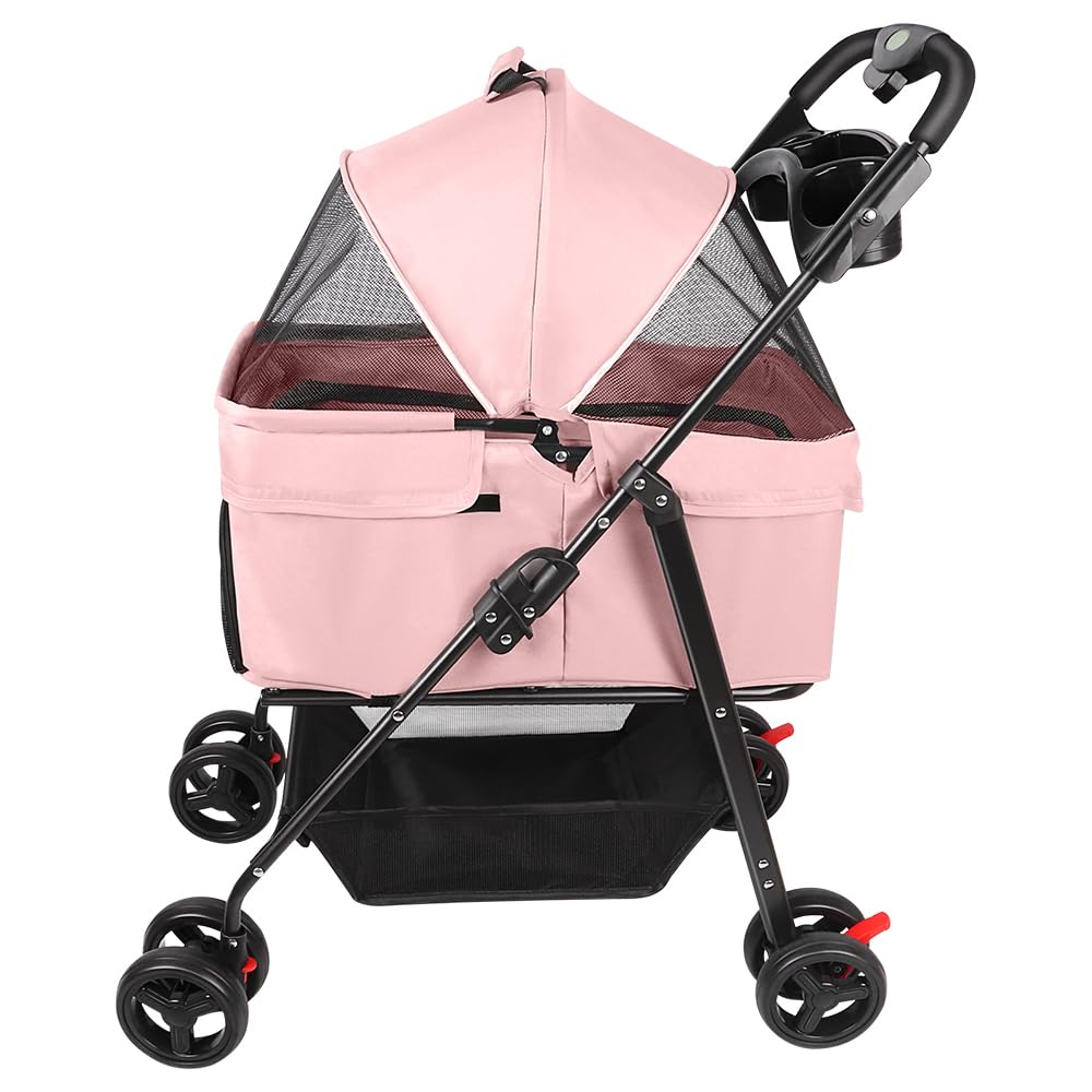 Passeggino 3 in 1 per cani e gatti, pieghevole con manico regolabile, 4 ruote, rete traspirante, grande capacità, facile da trasportare, 50 x 65 x 99 cm, rosa