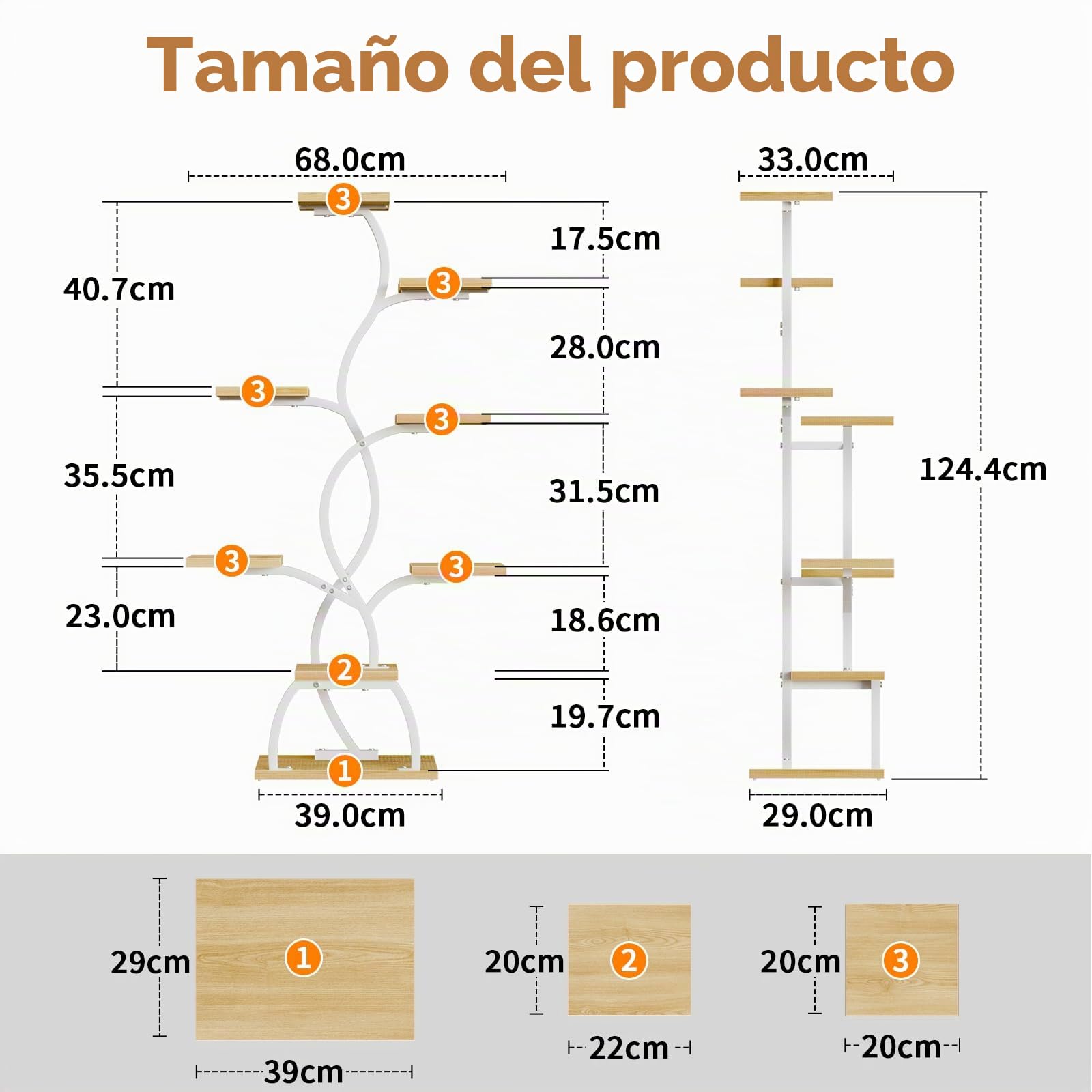BACEKOLL Soporte para plantas con luz de crecimiento - 8 niveles, soporte para flores de 124 cm, metal y madera, estantería para plantas - Escalera de flores para interior y exterior - Blanco