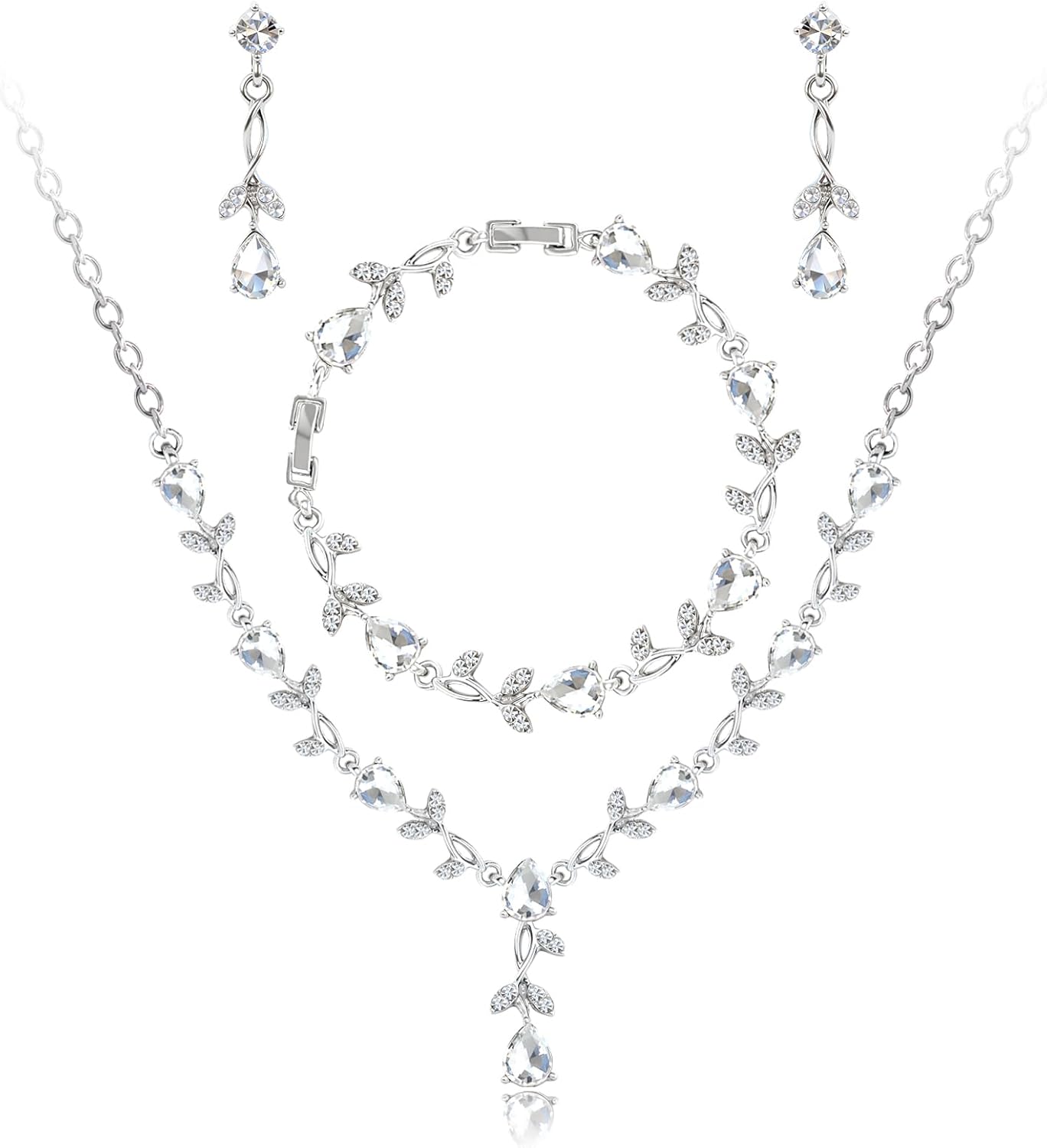 Bridal Cubic Zirconia Jewelry Set for Women – Silver Plated Necklace, Earrings & Bracelet Wedding Jewelry Set, Allergy Free Sparkling CZ Set for Brides, Bridesmaids Party Occasions