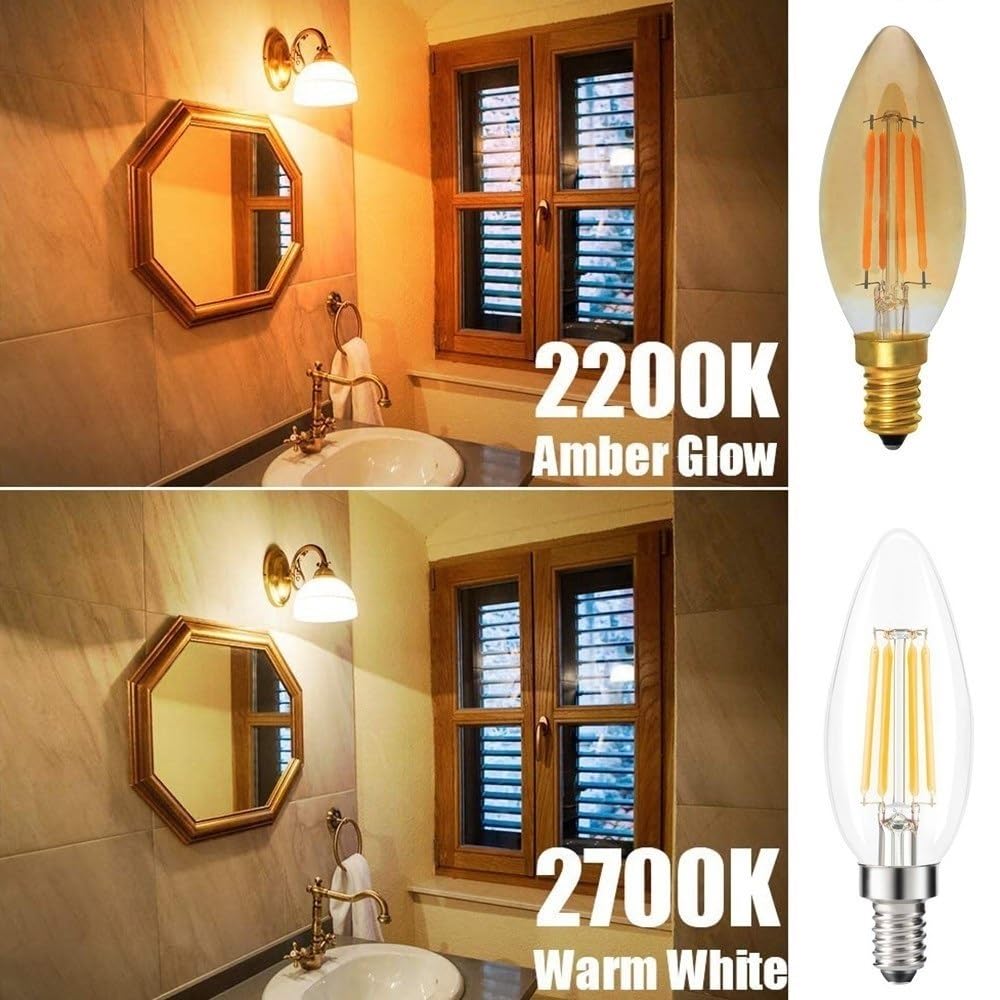 1fortunate Paquete de 5/10/25, bombillas de filamento LED retro C35 4W E14 AC220V bombilla LED tipo vela lámpara de vidrio ámbar(25PCS)