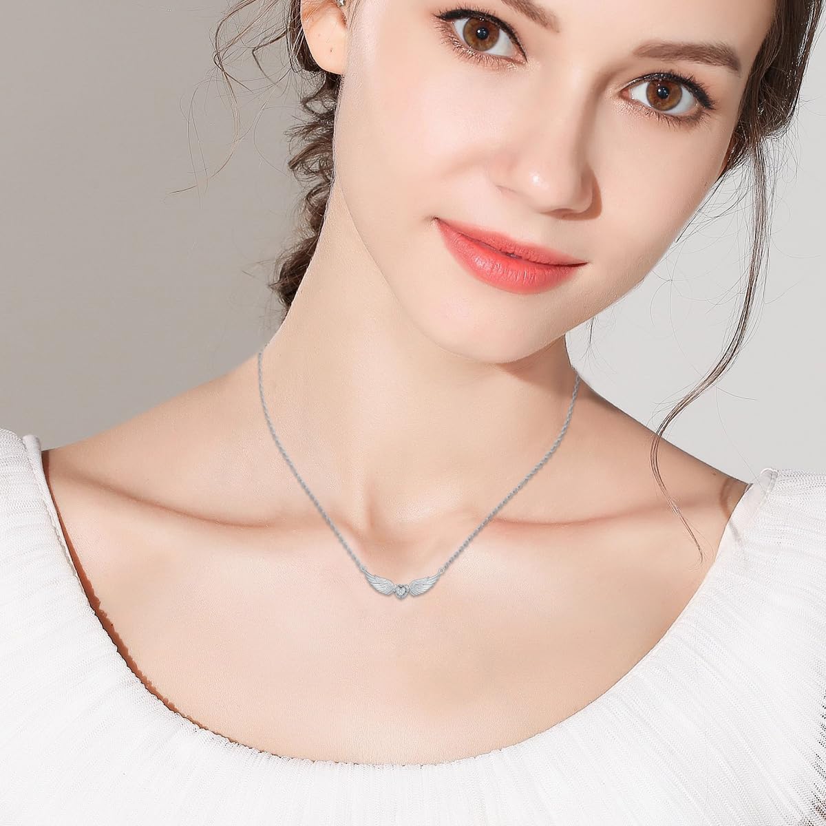 Diamond Angel Wing Necklace for Women - Sterling Silver Heart Pendant - Jewelry Gifts for Mom Wife - Image 2