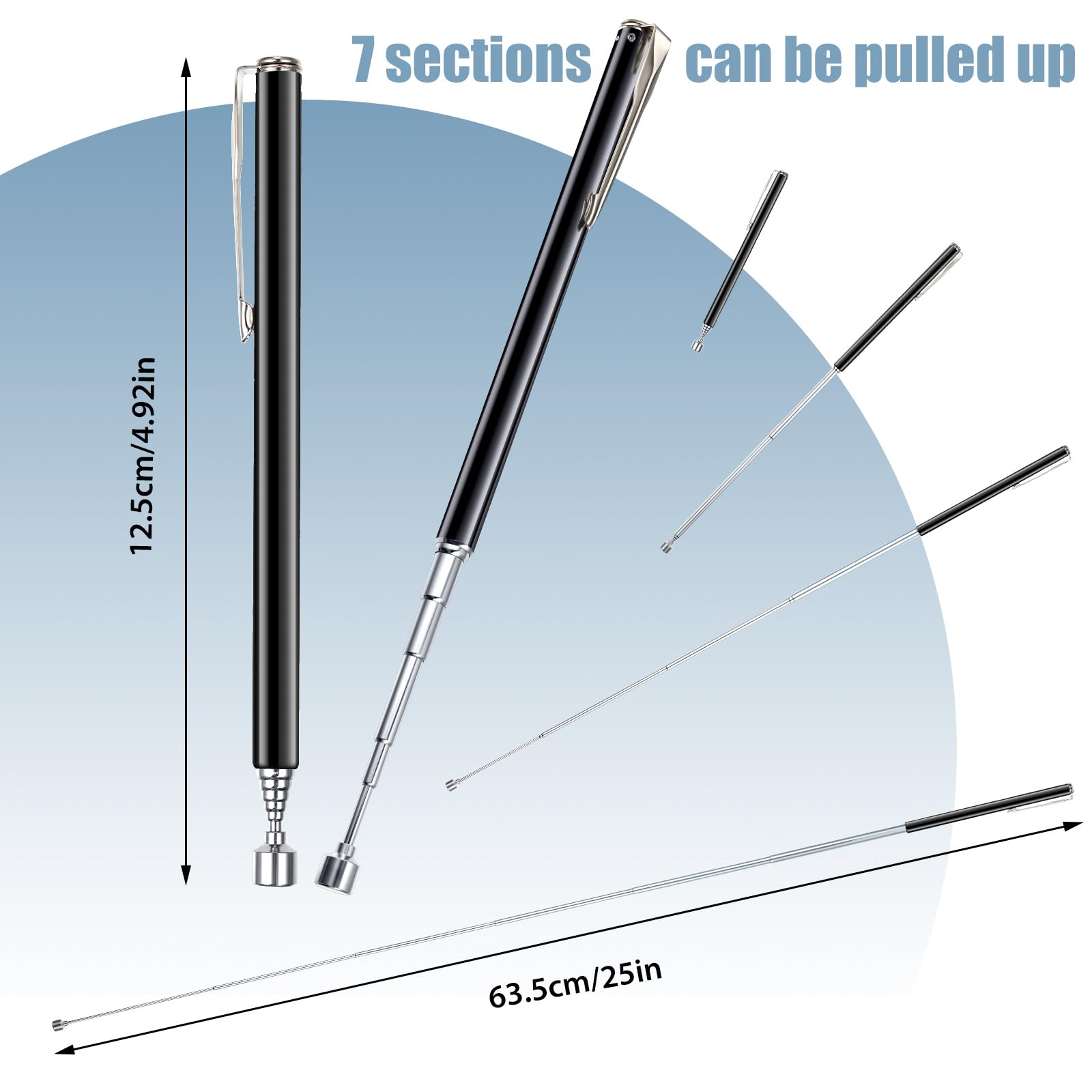 Patelai Telescoping Magnetic Grabbers Magnetic Pick-Up Tool with Pocket Clip Telescopic Retrieving Magnet for Screws Nuts Pins, 25 Inch (Black,8 Pieces)