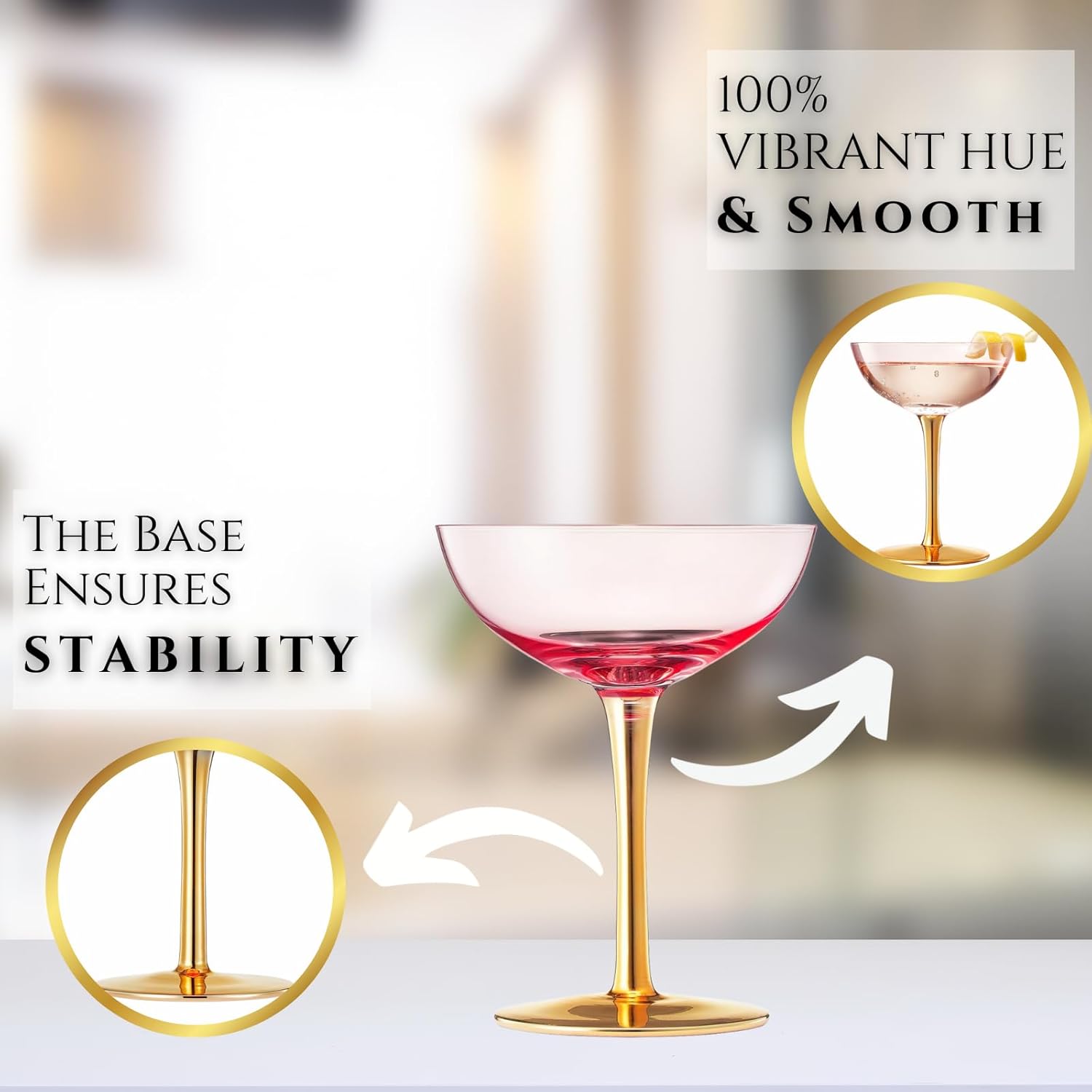 Pink Blush & Gold, Colored Coupe Art Deco Glasses | Set of 4 | 12 oz Cocktail Glassware - Champagne, Martini, Manhattan, Sidecar, Crystal Speakeasy Style Goblets Stems, Vintage Classic Gatsby Coupes