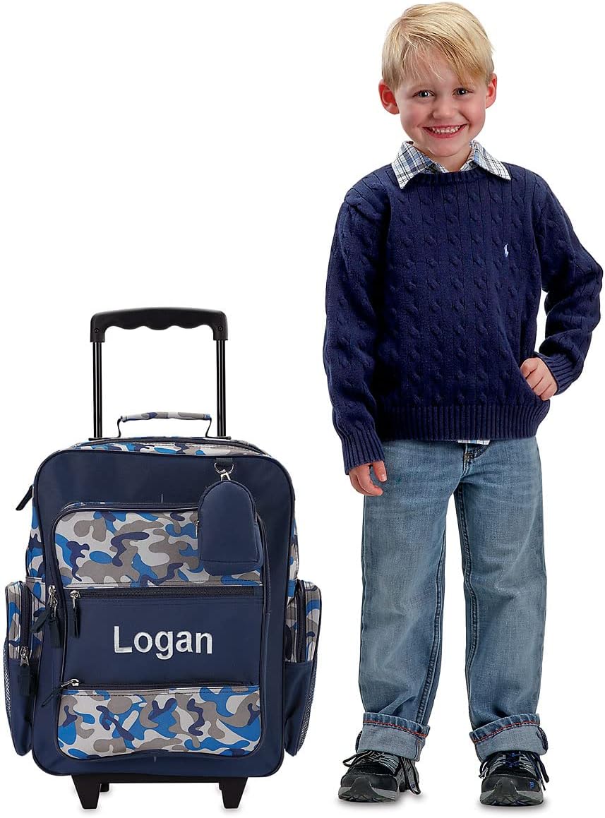 Lillian Vernon Personalized Rolling Luggage for Kids, 5-Pocket Blue Camo Suitcase Set With Clip-On Pouch, Customizable Boys Travel Carrier on Wheels, 5W x 12