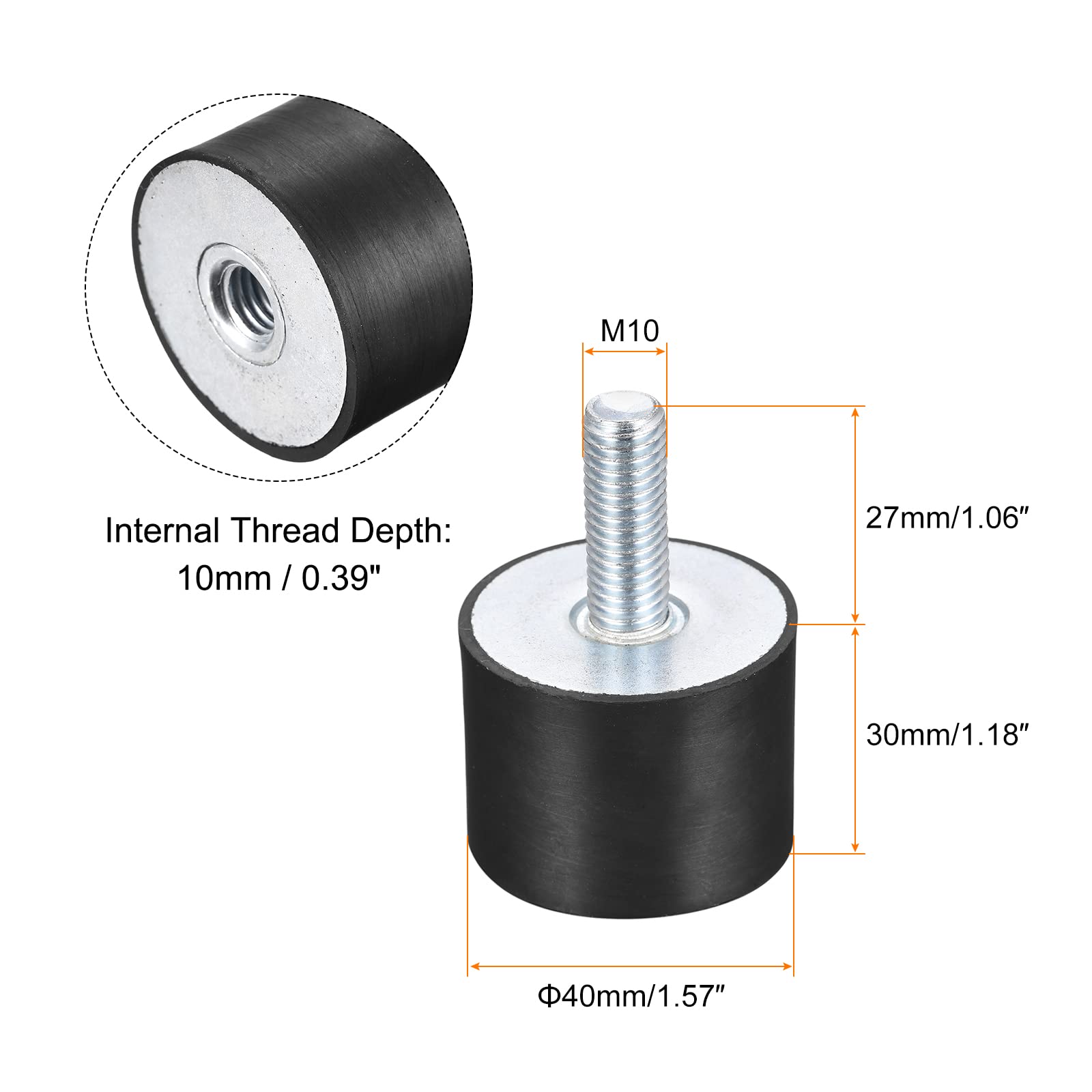 sourcing map Silent Bloc 4pcs M10 Mâle/Femelle Support Caoutchouc Vibration Isolateur Absorbeur Choc D40mmxH30mm, pour Garage Moteur Air Compresseur Voiture Bateau Bobine