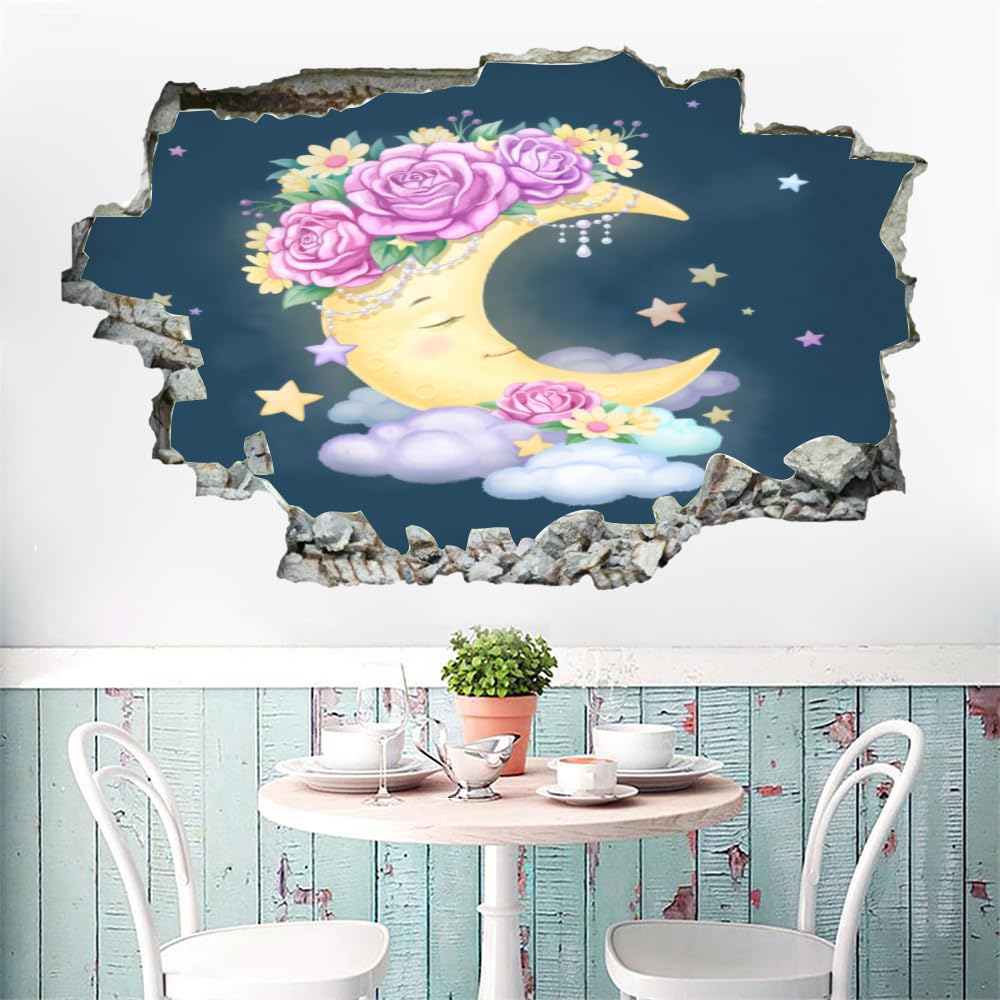 Efecto De Pared Rota 3D Nube De Luna Pegatinas De Pared Impermeables Arte Extraíble Las Flores Calcomanía De Vinilo Para Pared Para Niños, Niñas, Guardería, Hogar, Decoración De Pared