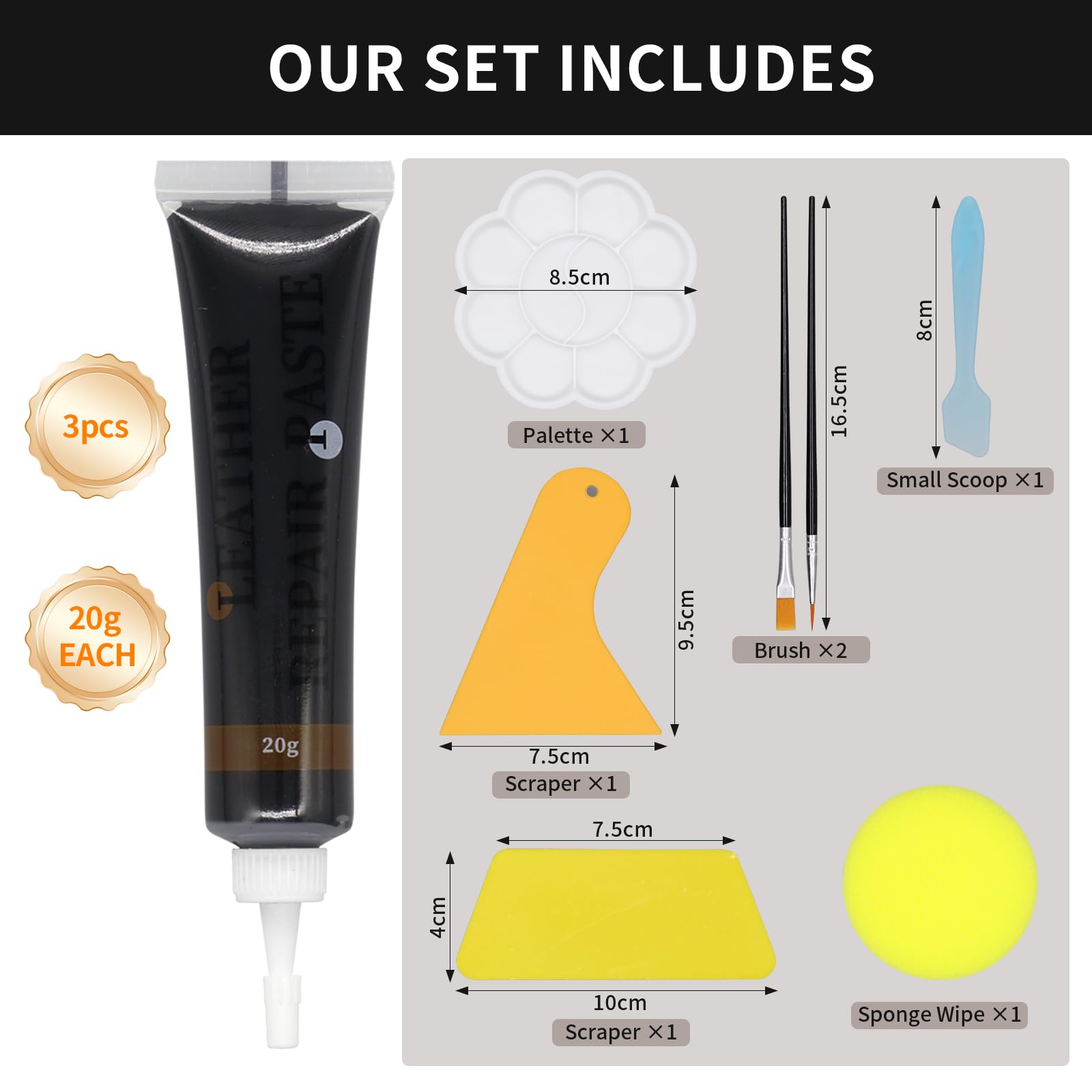 Kit Riparazione Pelle Nero 60g, Stucco per Pelle Nero, Ripara Ecopelle, per la Riparazione di Graffi, Scolorimenti e Fori su Divani in Pelle, Sedili Auto, Scarpe, Portafogli e Pelle Sintetica