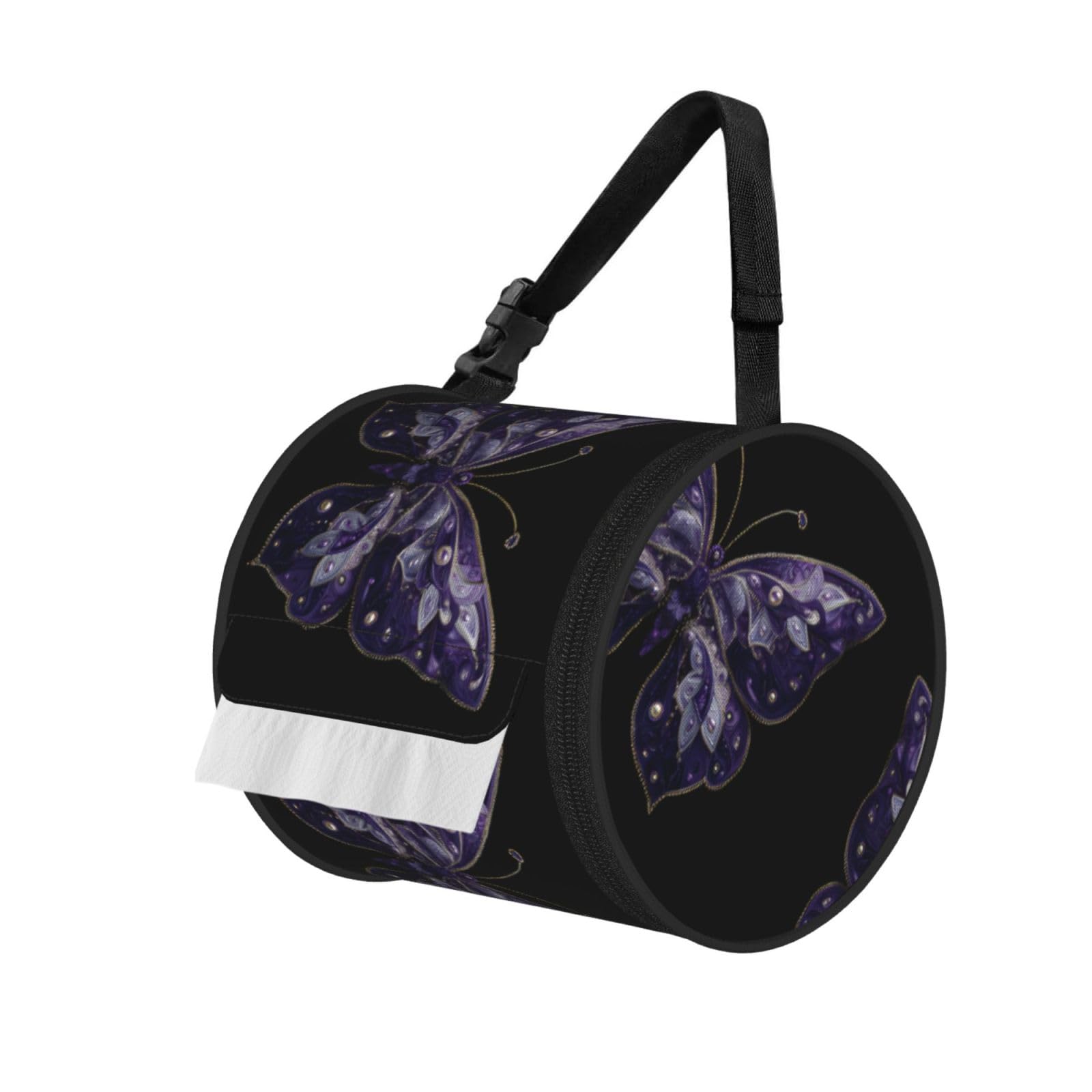 Butterfly Purple Printed Cylindrical Tissue Bag Portable Oxford Cloth, Foldable Travel Tissue Holder With Zipper And Adjustable Belt
