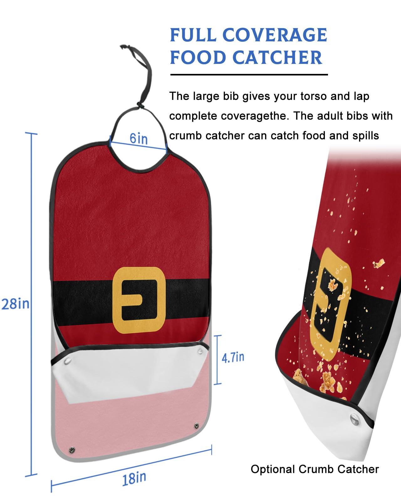 Christmas Santa Adult Bibs for Eating, Waterproof Bibs with Food Catcher & Adjustable Snap Closure, Black Golden Belt Red Backdrop Washable Clothing Protectors Adult Bibs for Elderly Women/Men