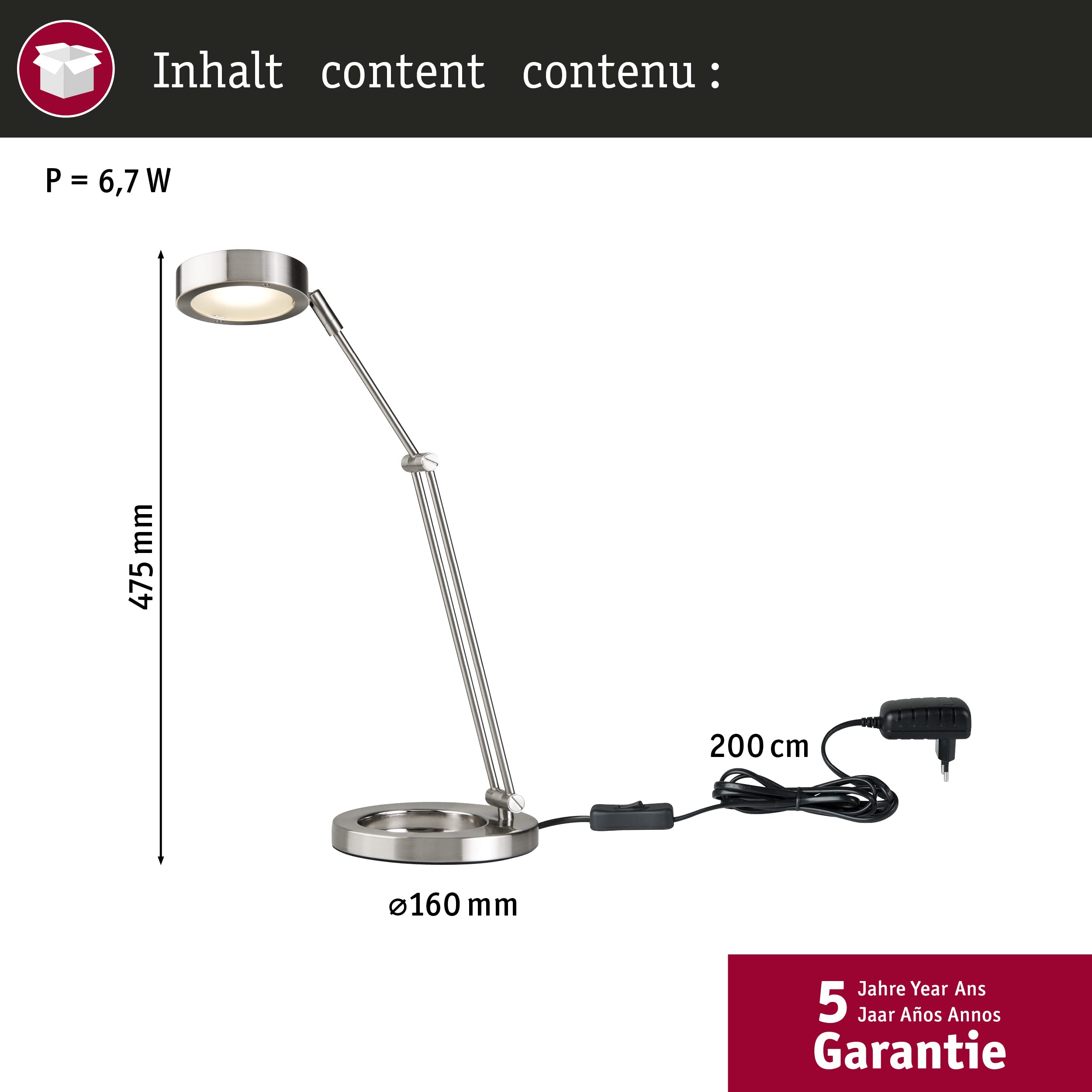 Flexo LED articulado de 6,7W en acero mate. Proporciona 359 lúmenes, luz cálida.