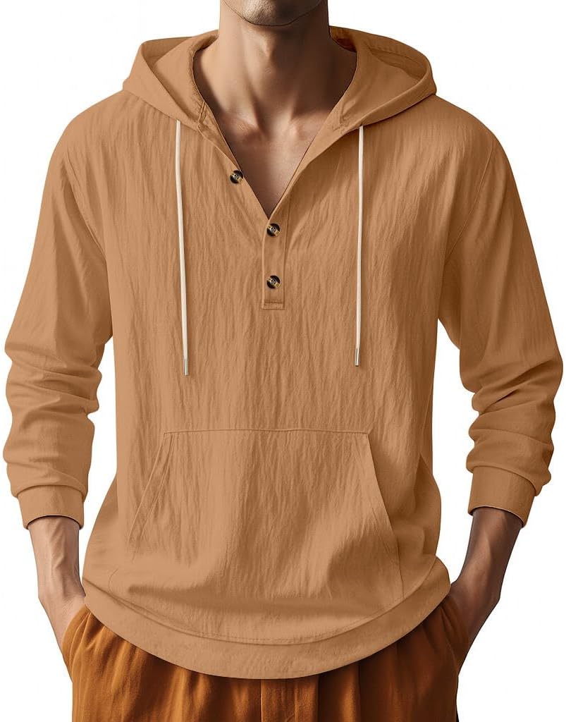 Men's Linen Hoodie Lightweight Hawaiian Shirt Casual Beach Shirt with Pockets