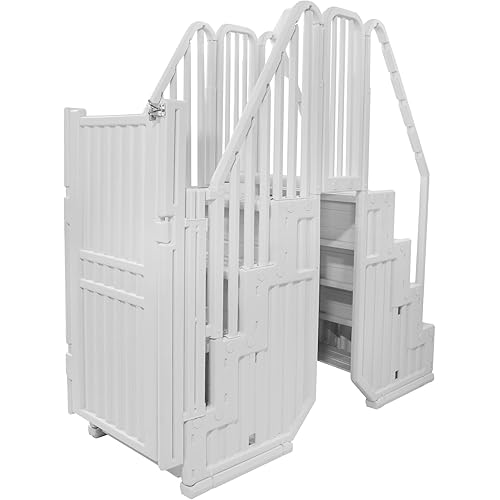 Blue Wave Easy Pool Entry System w/Gate for 48 to 54-in Deep Above Ground Pools – No Deck Required – Wide Anti-Slip Pool Steps, Lockable Gate, Dual Handrails, Anti-Entrapment Barrier – 350-lbs Cap.