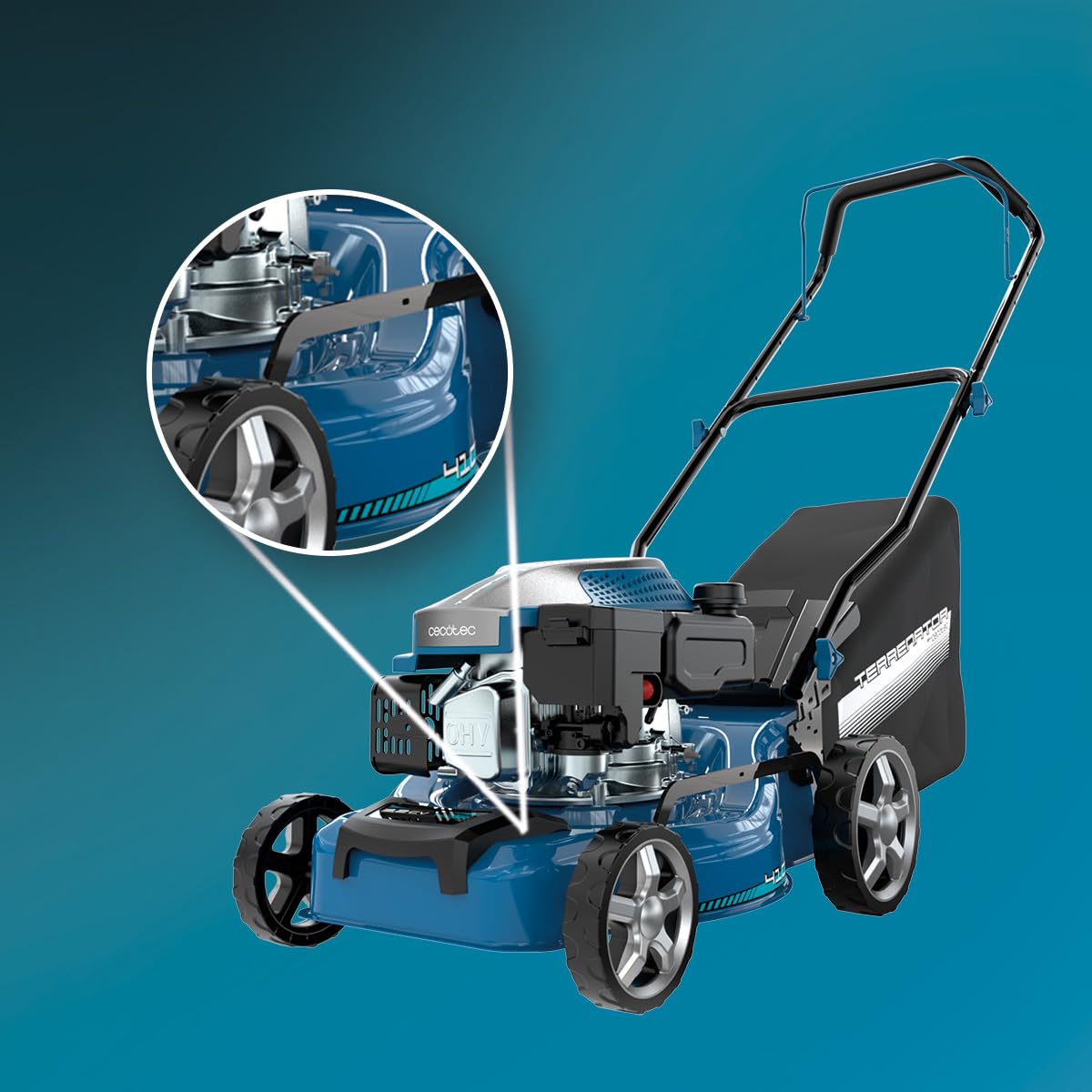 Cecotec Kosiarka benzynowa 144cc Terrenator 2700.41 Plus Total Z | Szerokość cięcia 41 cm, stalowy korpus, zmiana wysokości systemu Z-Tech, 3w1 z mulczowaniem, tylne koła XL