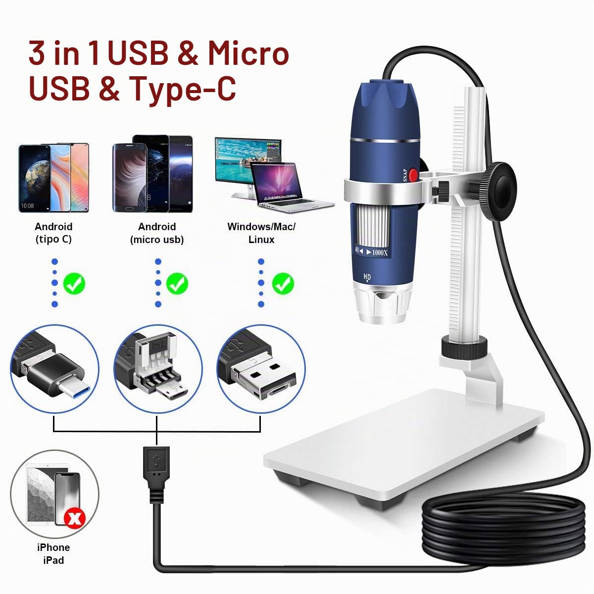 Jiusion Microscopio digitale USB HD 2MP 40-1000X Fotocamera per endoscopio con ingrandimento portatile con 8 LED Supporto stabile in lega di alluminio per OTG Android Mac Windows 7 8 10 11 Linux