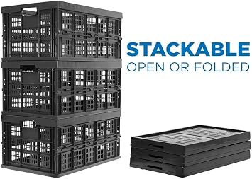 Work-It! Collapsible Milk Crate | 49 Liter Folding Storage Bin | Stackable Plastic Crate
