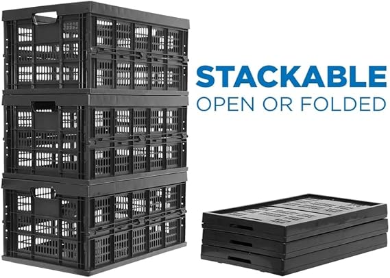Work-It! Collapsible Milk Crate | 49 Liter Folding Storage Bin | Stackable Plastic Crate