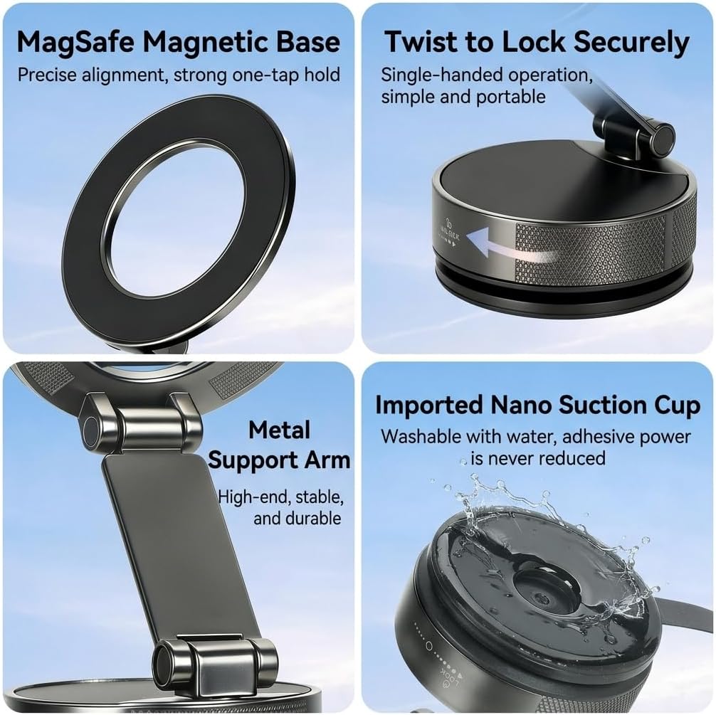 Vacuum Magnetic Car Phone Holder for Magsafe, 360° Rotatable Hands-Free Suction Cup Car Phone Mount for Dashboard/Gym/Mirror/Smooth Surfaces, Compatible with iPhone and Android