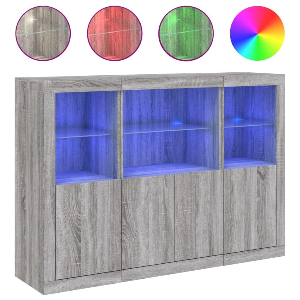 Les buffets gris avec éclairage LED RVB en bois offrent beaucoup d'espace de rangement et sont disponibles en lot de 3 avec lampes LED réglables