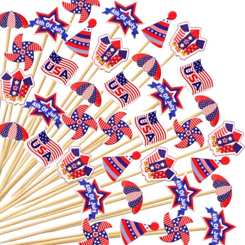 WorldBazaar American Flag Toothpicks 120 Pcs 4th of July Cocktail Picks Patriotic Appetizer Skewers Cupcake Toppers Independence Day Party Decoration