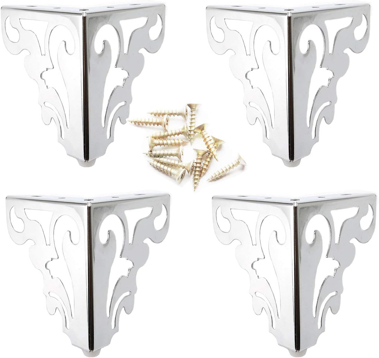 4Pcs Metal Furniture Sofa Legs European Flower Pattern Cabinet Feet Stainless Steel Furniture Hardware Accessories 2 Size (12CM, Silver)
