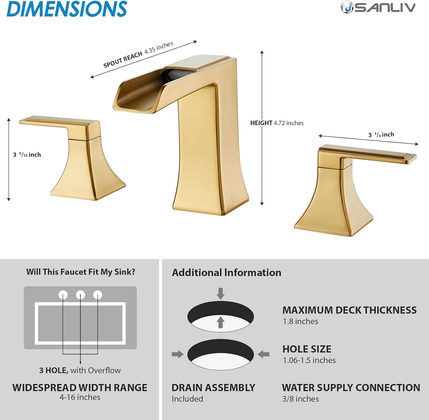 Brushed Gold Waterfall Bathroom Faucet, Sanliv 2-Handle Widespread Bathroom Faucet for 3-Hole Sinks 4-8 inch, Modern Vanity Faucets with Pop Up Drain, Champagne Bronze