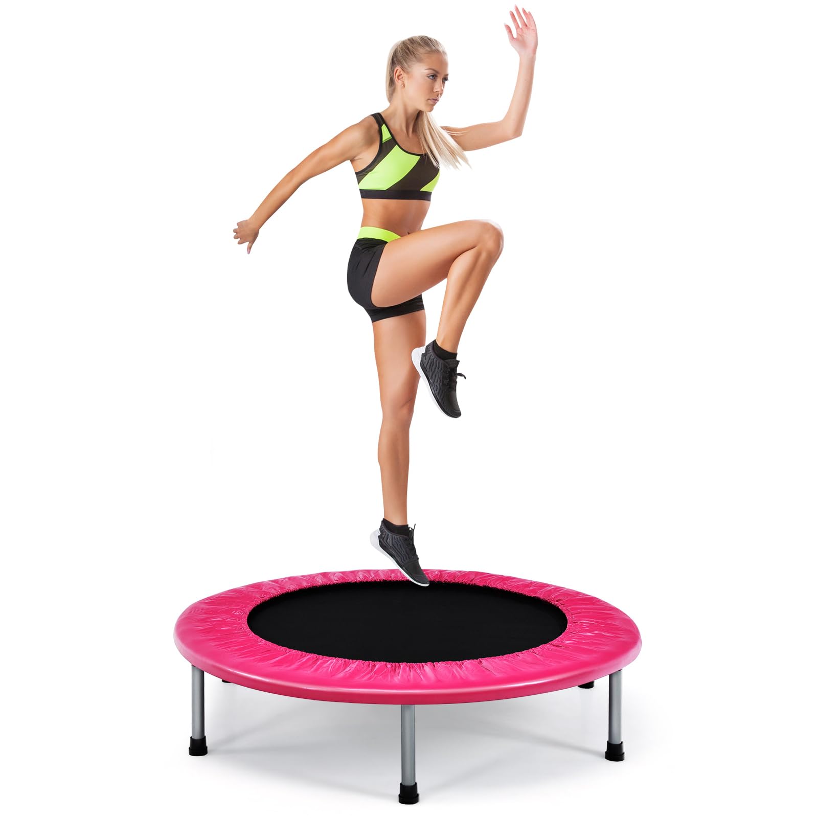 GYMAX 38โ Mini Trampoline, Foldable Fitness Exercise Rebounder, Indoor Outdoor Gym Trampolines for Kids Adults, 150KG Capacity (Pink)