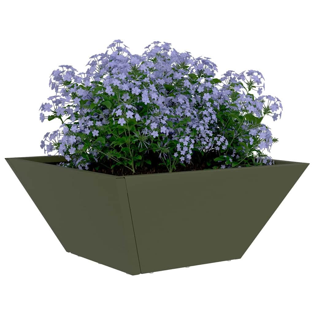 Doniczka ogrodowa Zielony oliwkowy 35 x 35 x 15 cm metalowa nowoczesna trapezowa donica na kwiaty na taras i do ogrodu stal zimnogieta łatwy montaz