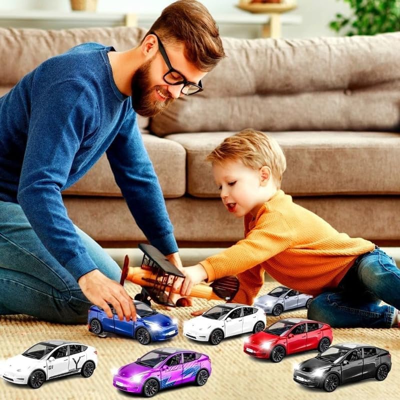 Image of Play Boy 1:24 Tesla Model Y Model Diecast Metal Alloy Pullback Toy Vehicle with Openable Doors Light and Music Car for Kids (Multicolor)