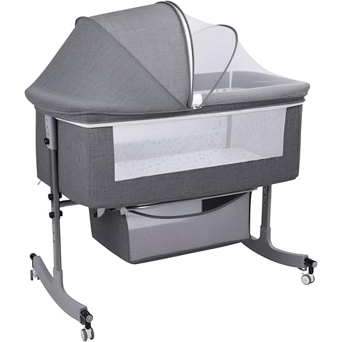 Saterkali 3 in 1 Baby Bassinet | Bedside Sleeper with Storage Basket and Wheels | Bedside Crib for Baby | Height Adjustable Bedside Bassinet Movable Beside Bassinet with Mosquito Net (Grey)